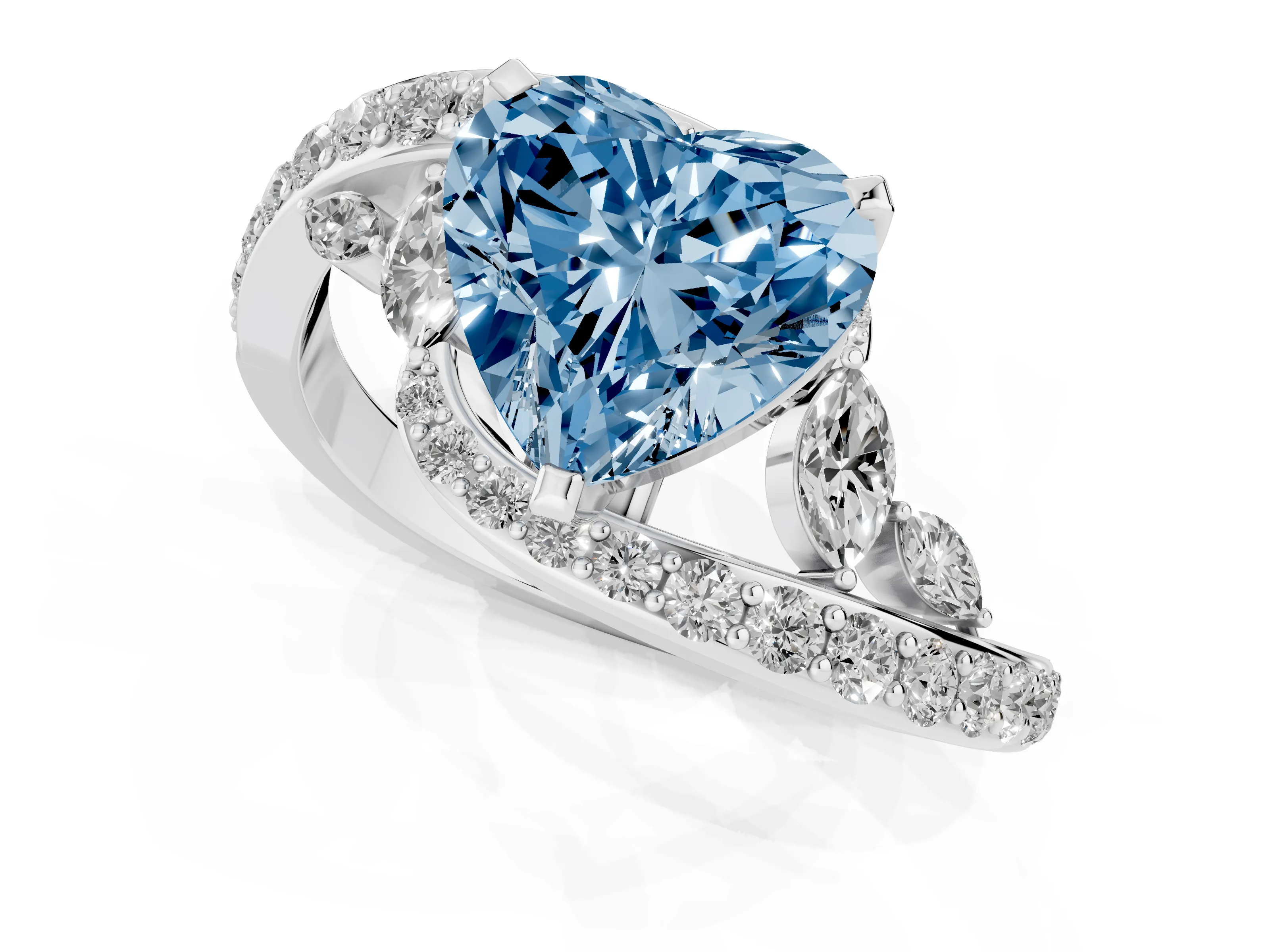Fancy Blue Heart Cut Diamond Solitaire Ring Set in White gold with Pavé Twist Band and Secure Prong Setting