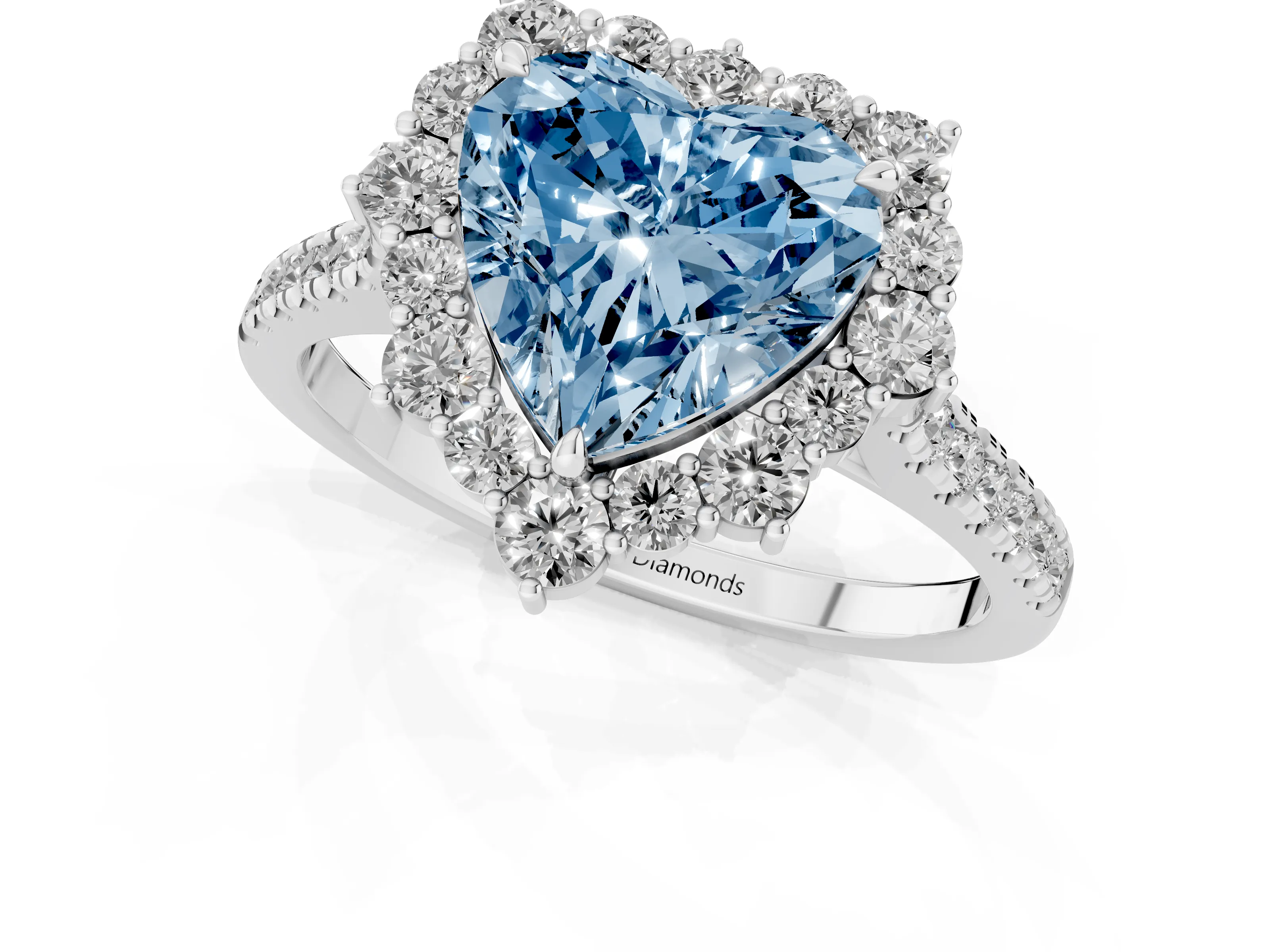 Fancy Blue Heart Cut Diamond Halo Ring Set in Silver with Pavé Band and Prong Setting