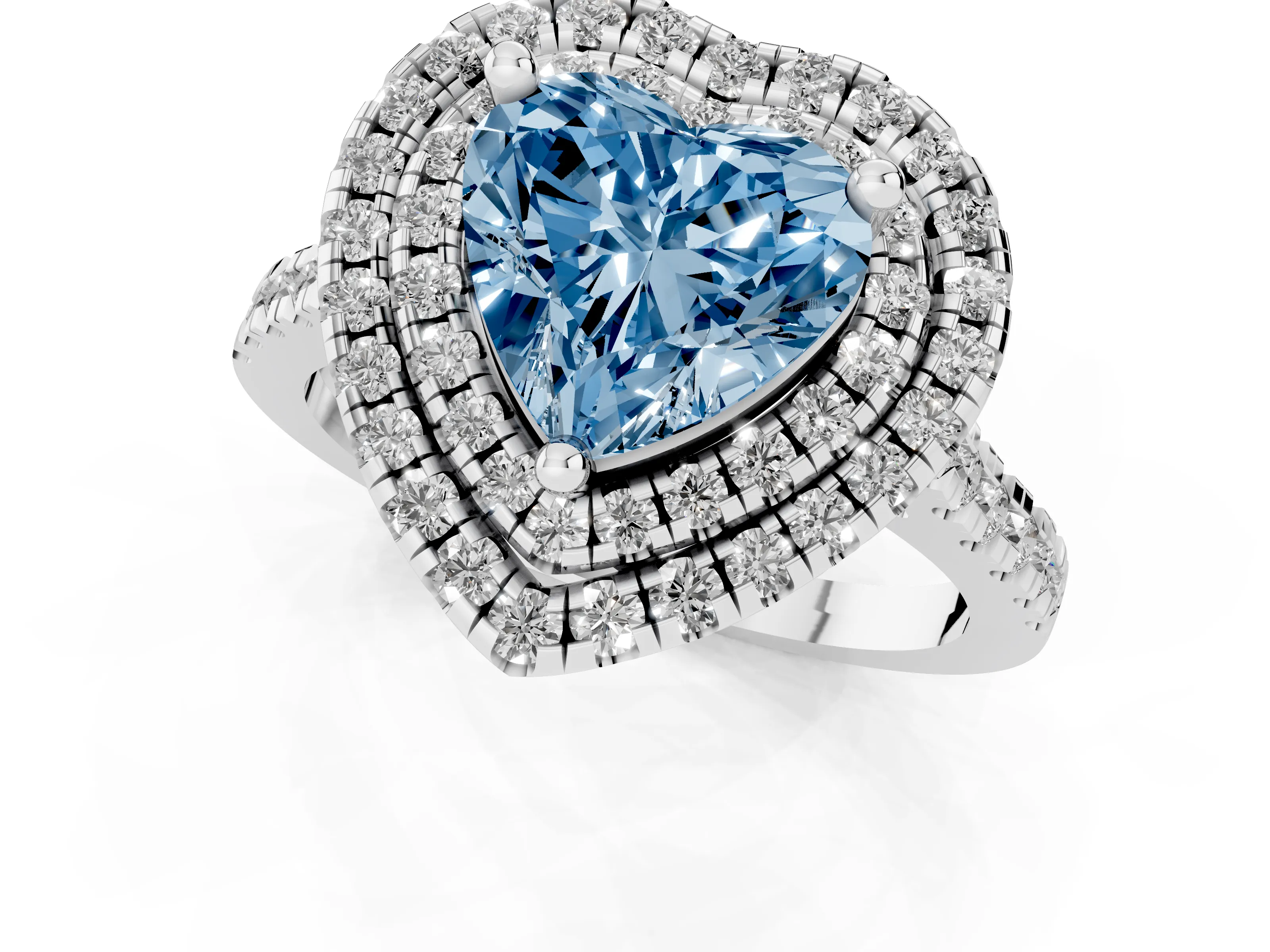 Fancy Blue Heart Cut Diamond Double Halo Statement Ring Set in Silver with Pavé Band