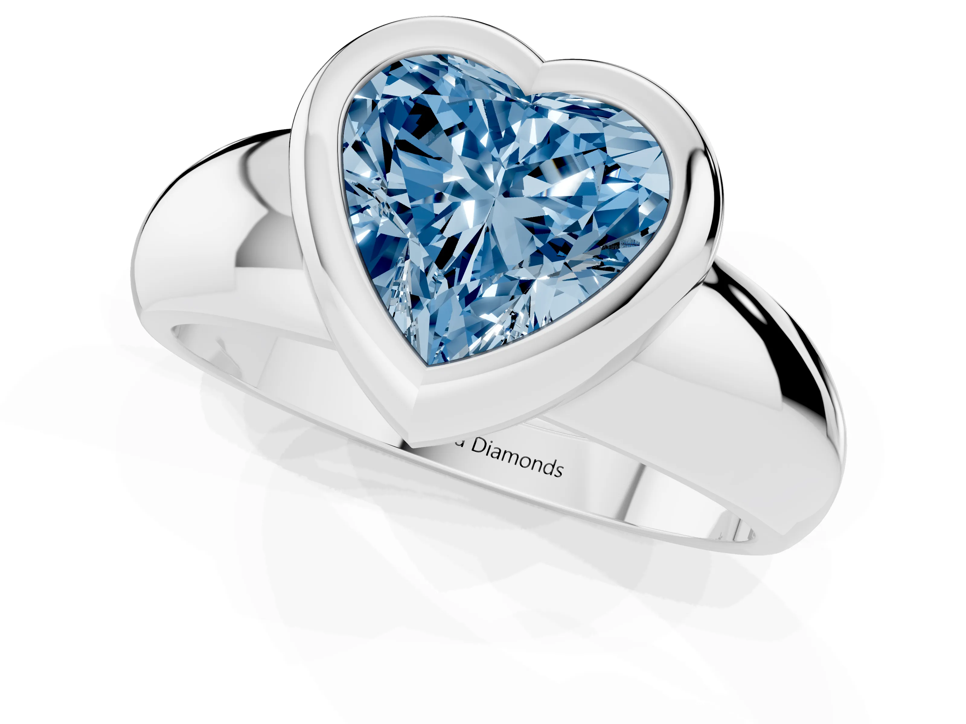 Fancy Blue Bezel Set Heart Cut Diamond Solitaire Ring Set in White gold with Wide Band
