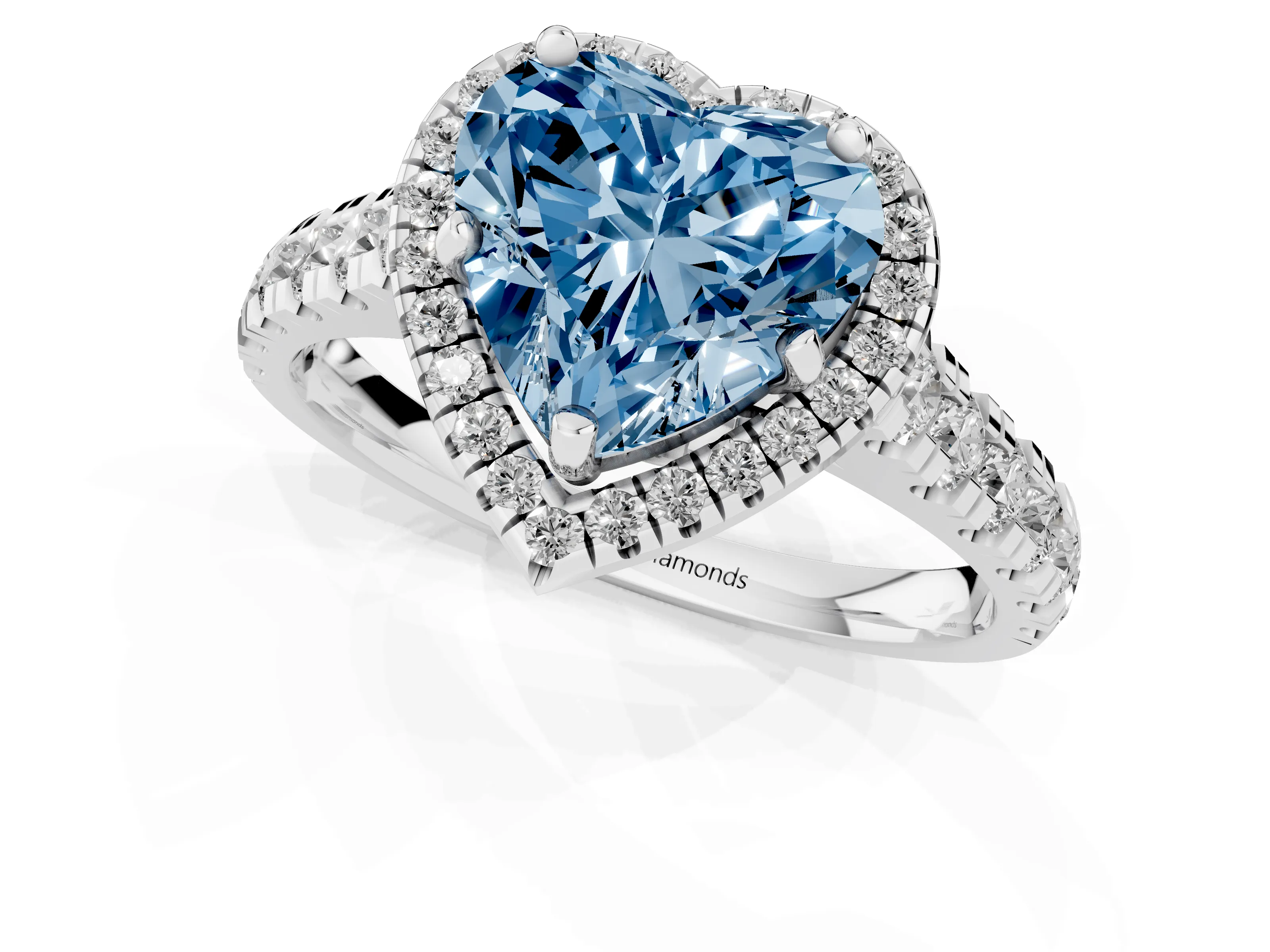 Fancy Blue Heart Cut Diamond Halo Engagement Ring Set in White gold with Pavé Band and Prong-Set Center