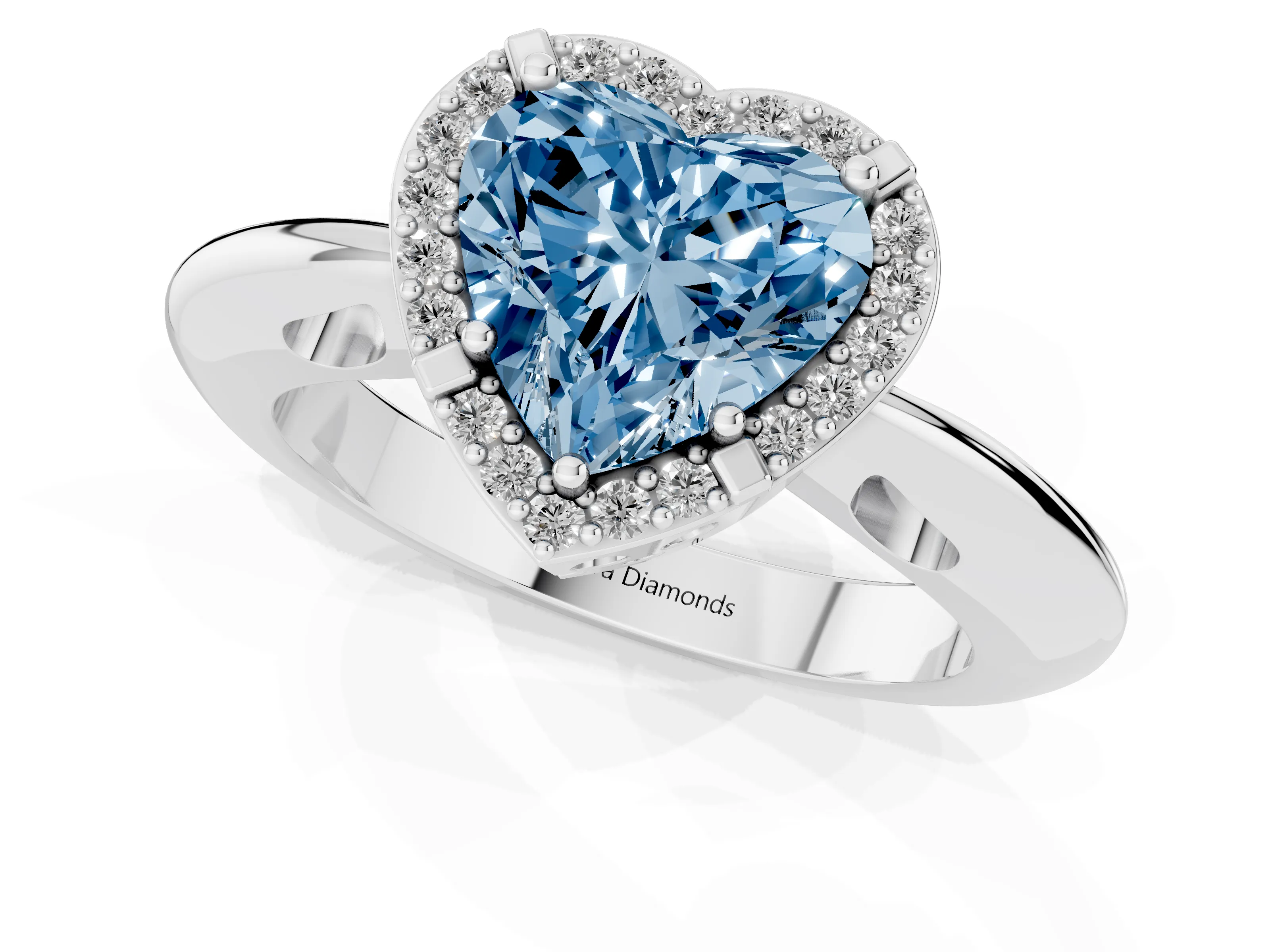 Fancy Blue Heart Cut Diamond Halo Engagement Ring Set in Platinum with Plain Split Shank and Prong Setting