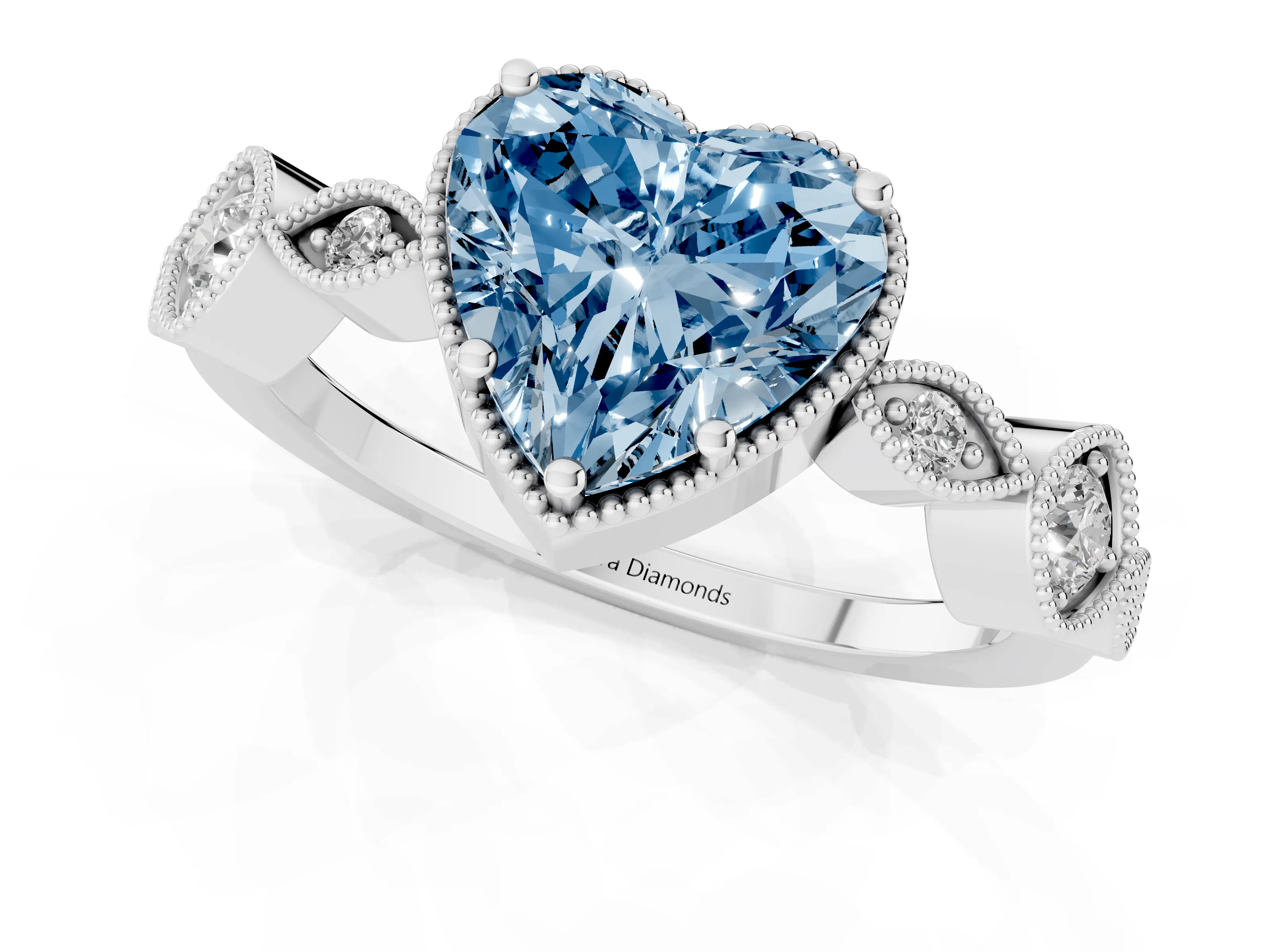 Fancy Blue Heart Cut Diamond Vintage-Inspired Milgrain Ring Set in White gold with Marquise Stations of Round Accents