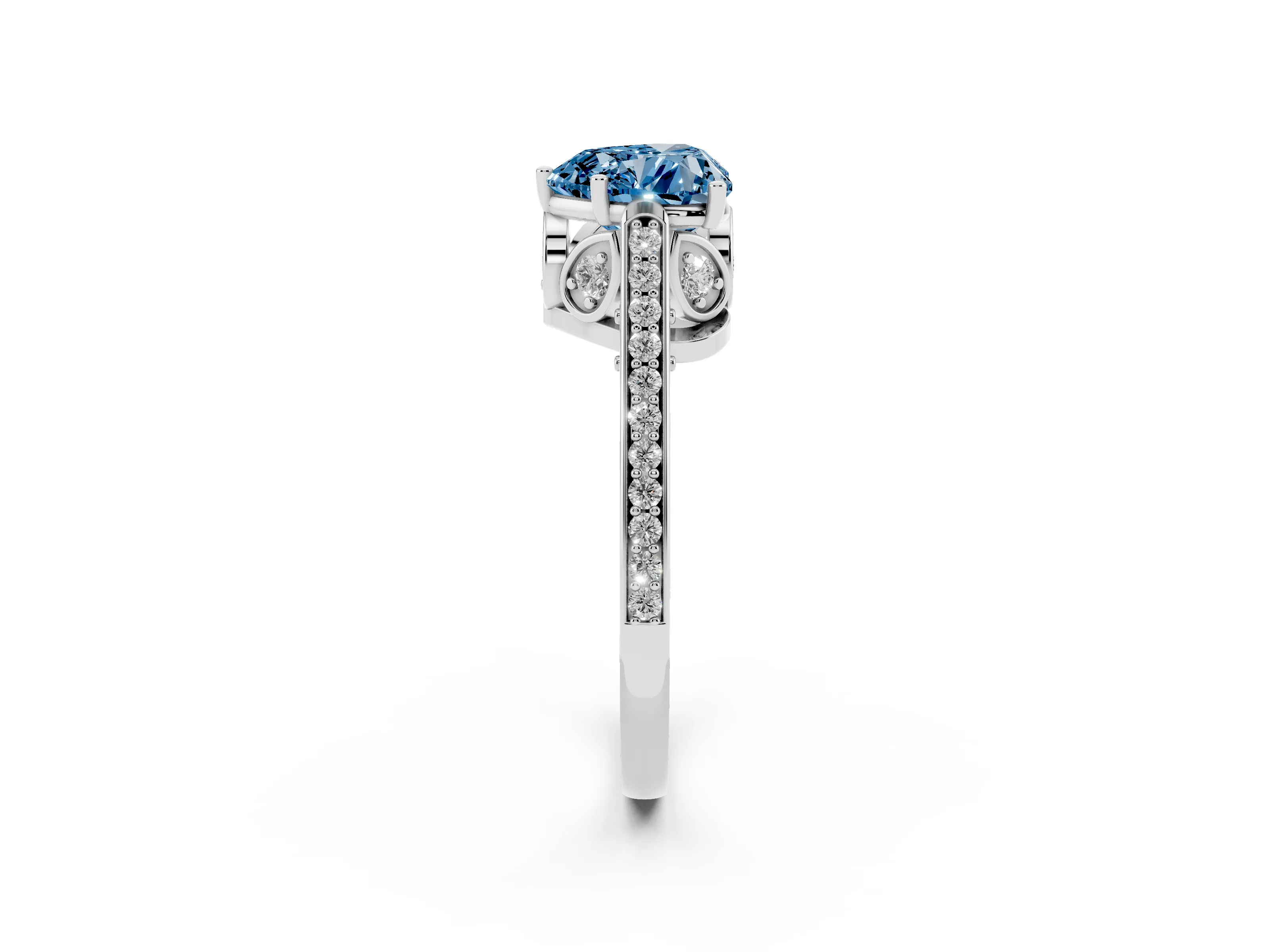 Fancy Blue Heart Cut Diamond Cathedral Pavé Engagement Ring Set in Platinum with Prong Setting