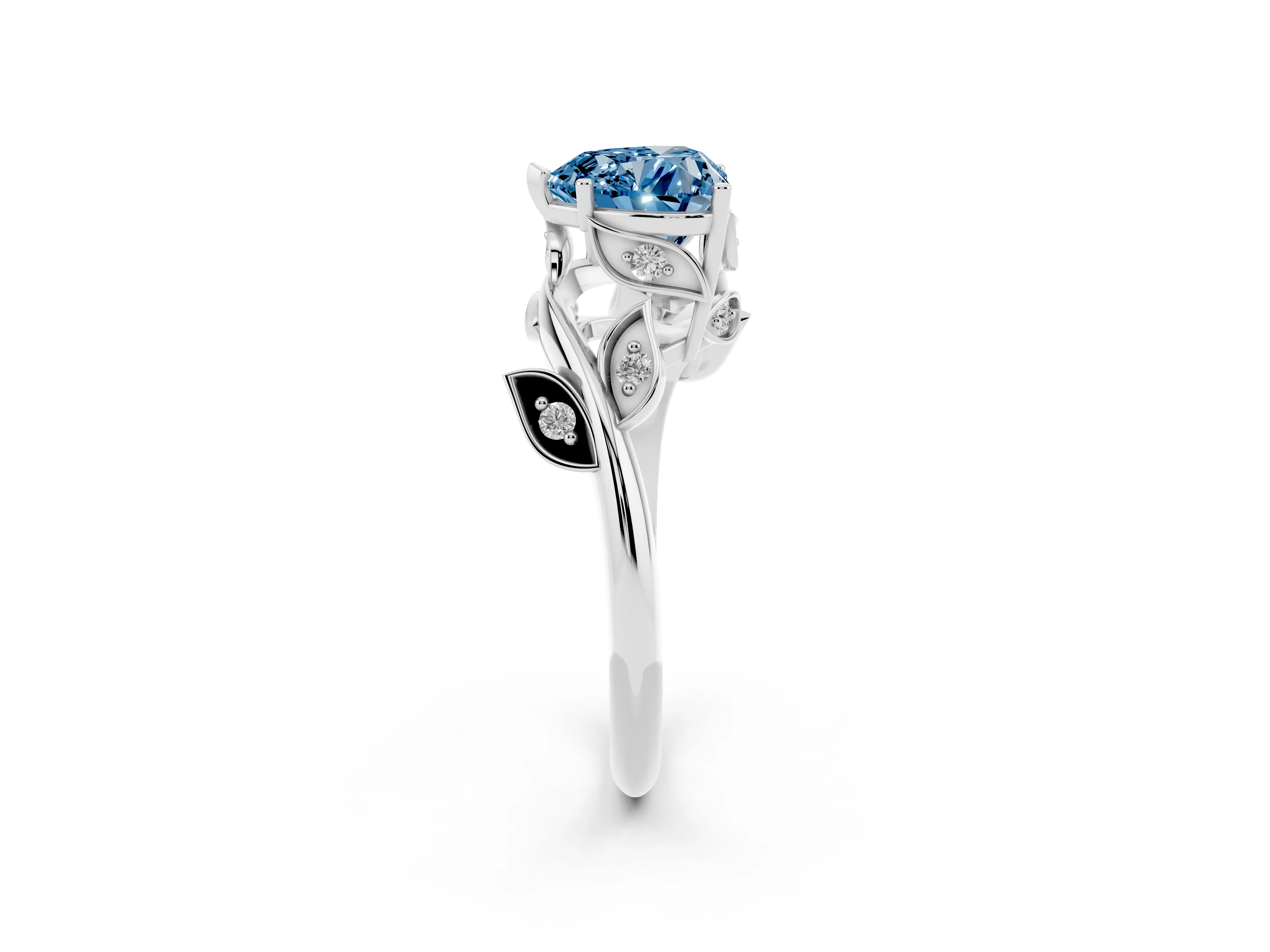 Fancy Blue Heart Cut Diamond Solitaire Twist Engagement Ring Set in White gold with Pavé Leaf Accents
