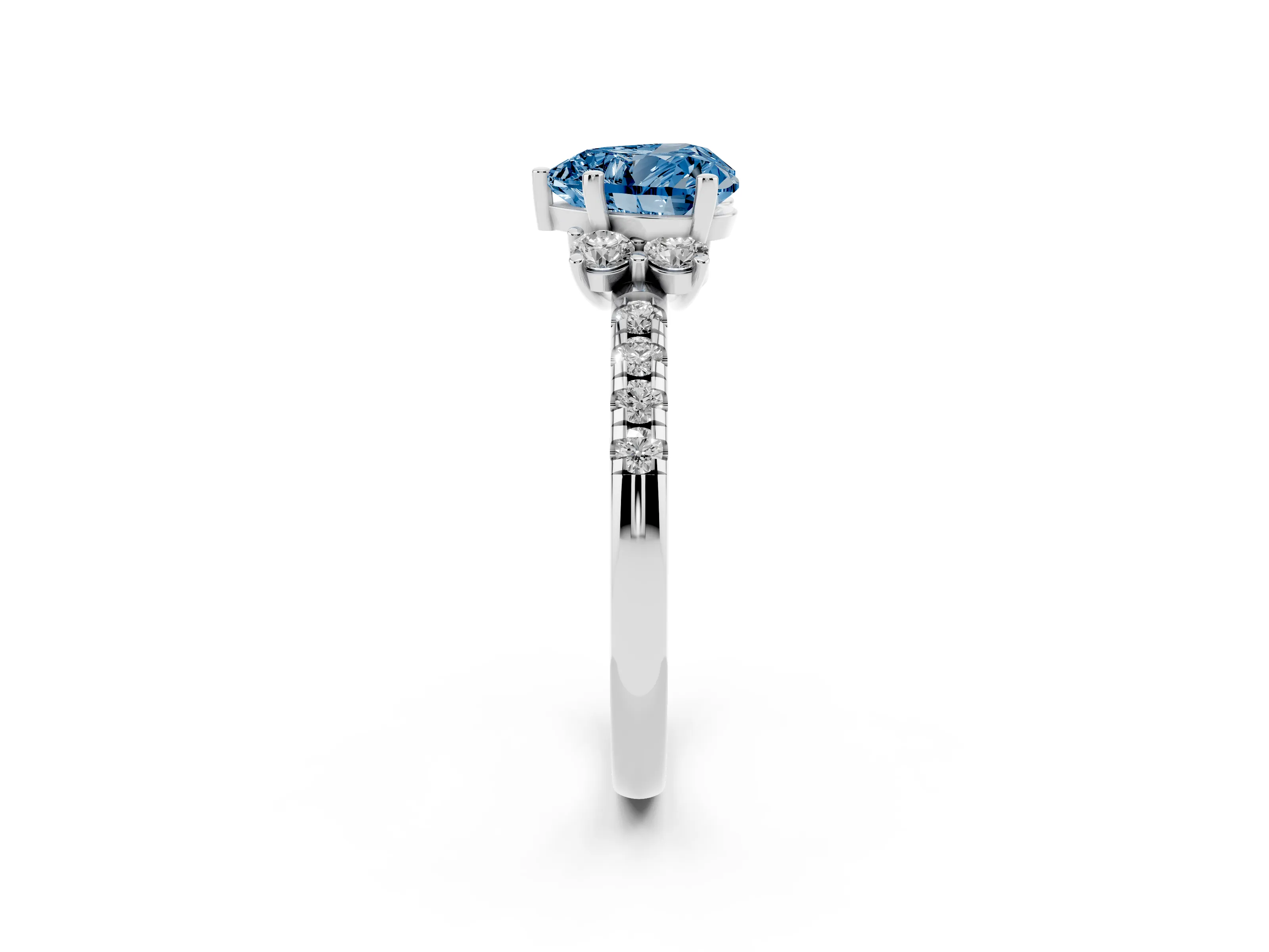 Fancy Blue Heart Cut Diamond Three-Stone Pavé Ring Set in Silver with Prong Setting