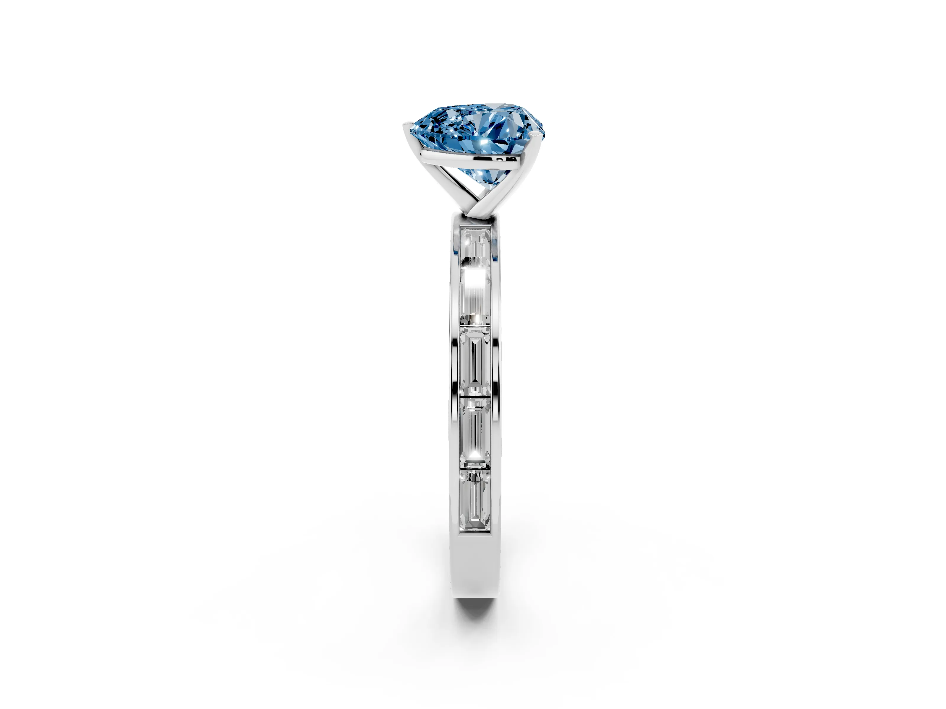 Fancy Blue Heart Cut Diamond Solitaire Ring Set in Silver with Channel-Set Baguette Band and Prong Setting