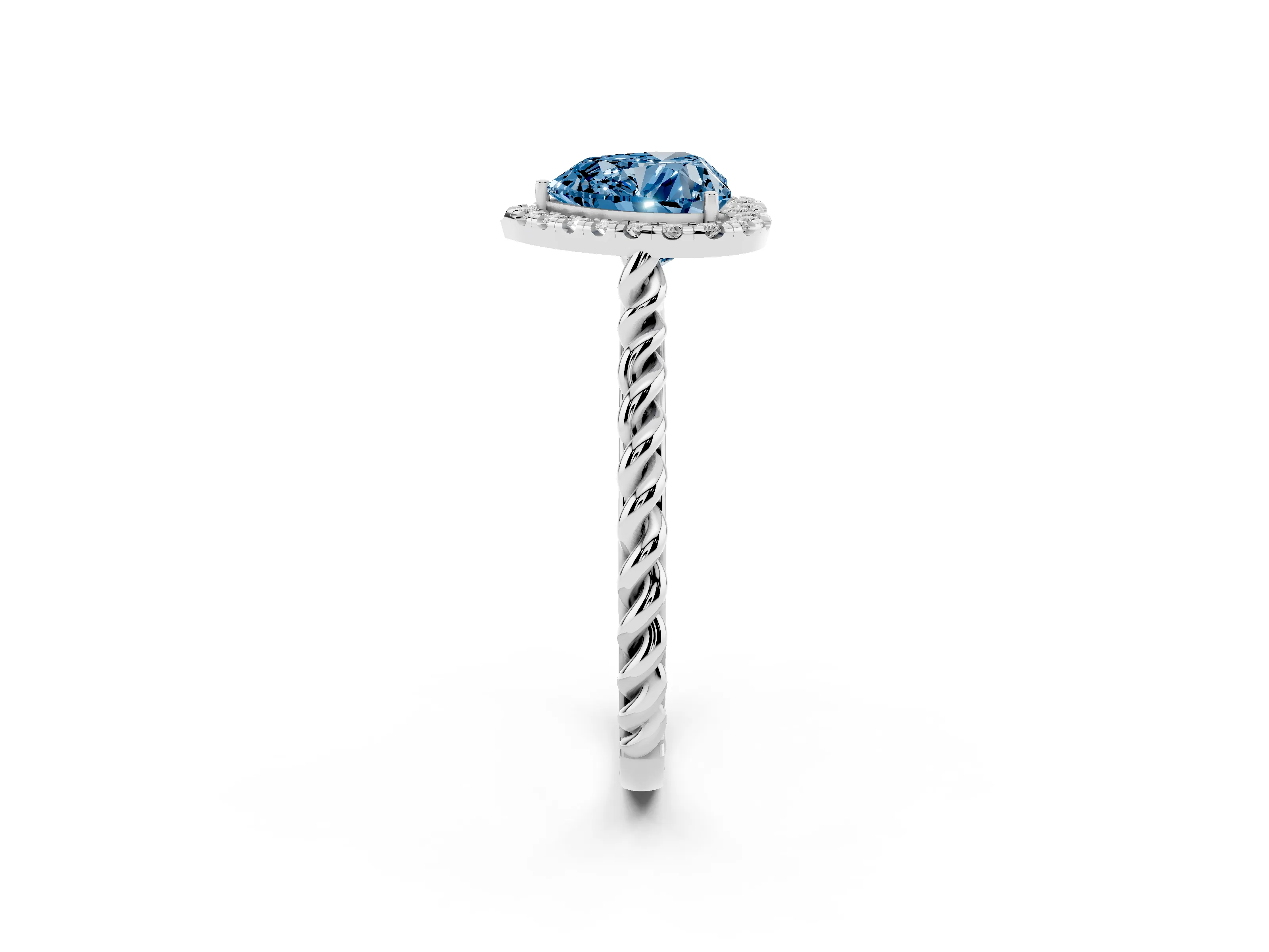 Fancy Blue Heart Cut Diamond Halo Ring Set in Silver with Plain Twisted Band