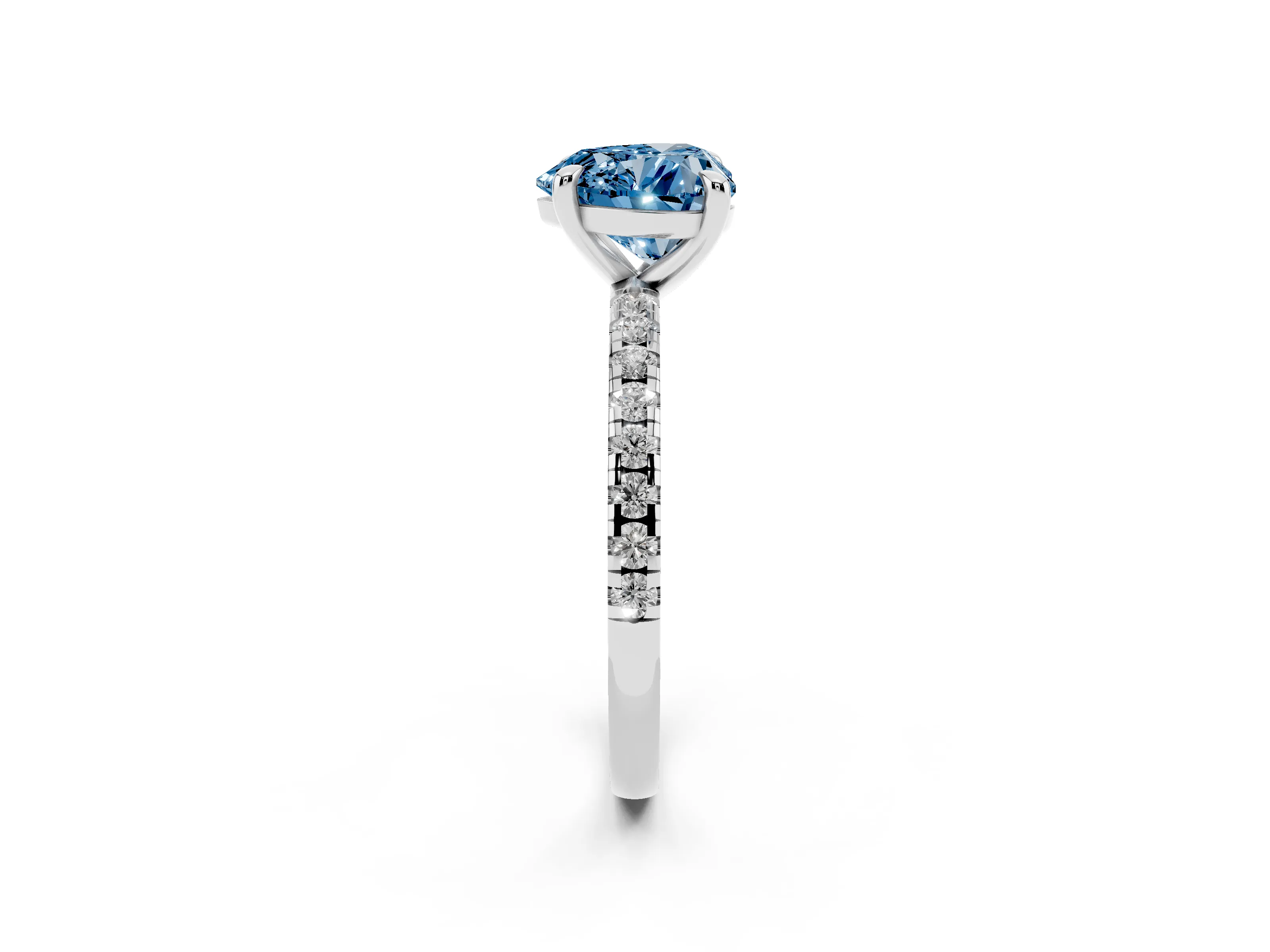 Fancy Blue Heart Cut Diamond Brilliant Solitaire Ring Set in White gold with Pavé Band and Prong Setting