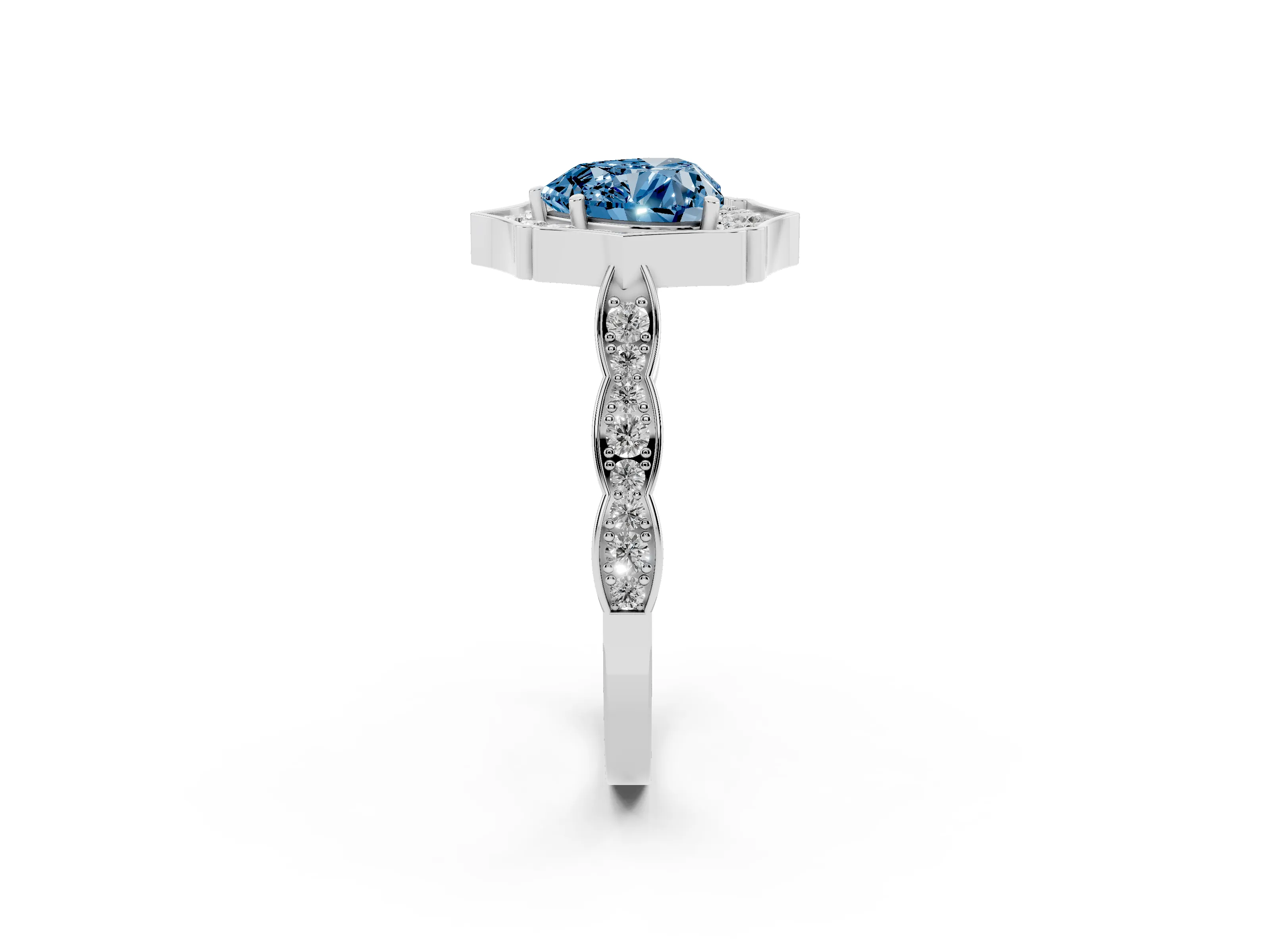 Fancy Blue Heart Cut Diamond Halo Engagement Ring Set in White gold with Milgrain Band and Prong Setting