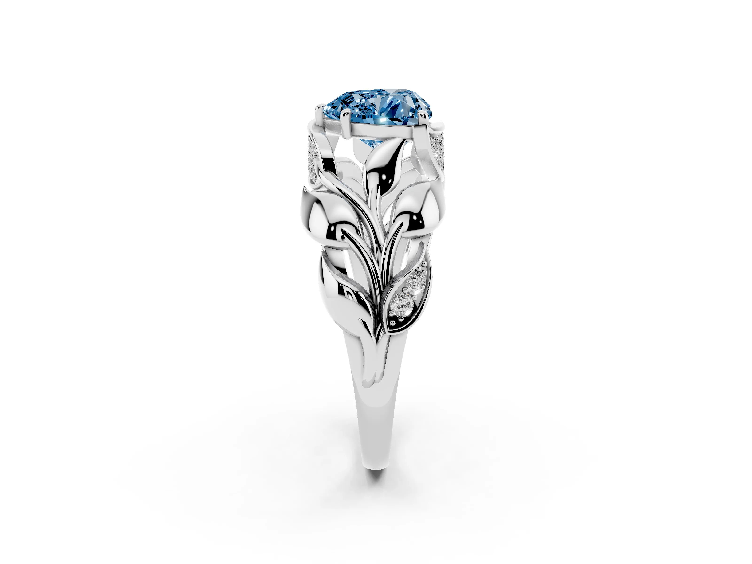 Fancy Blue Heart Cut Diamond Leaf-Inspired Engagement Ring Set in Silver with Round Accents