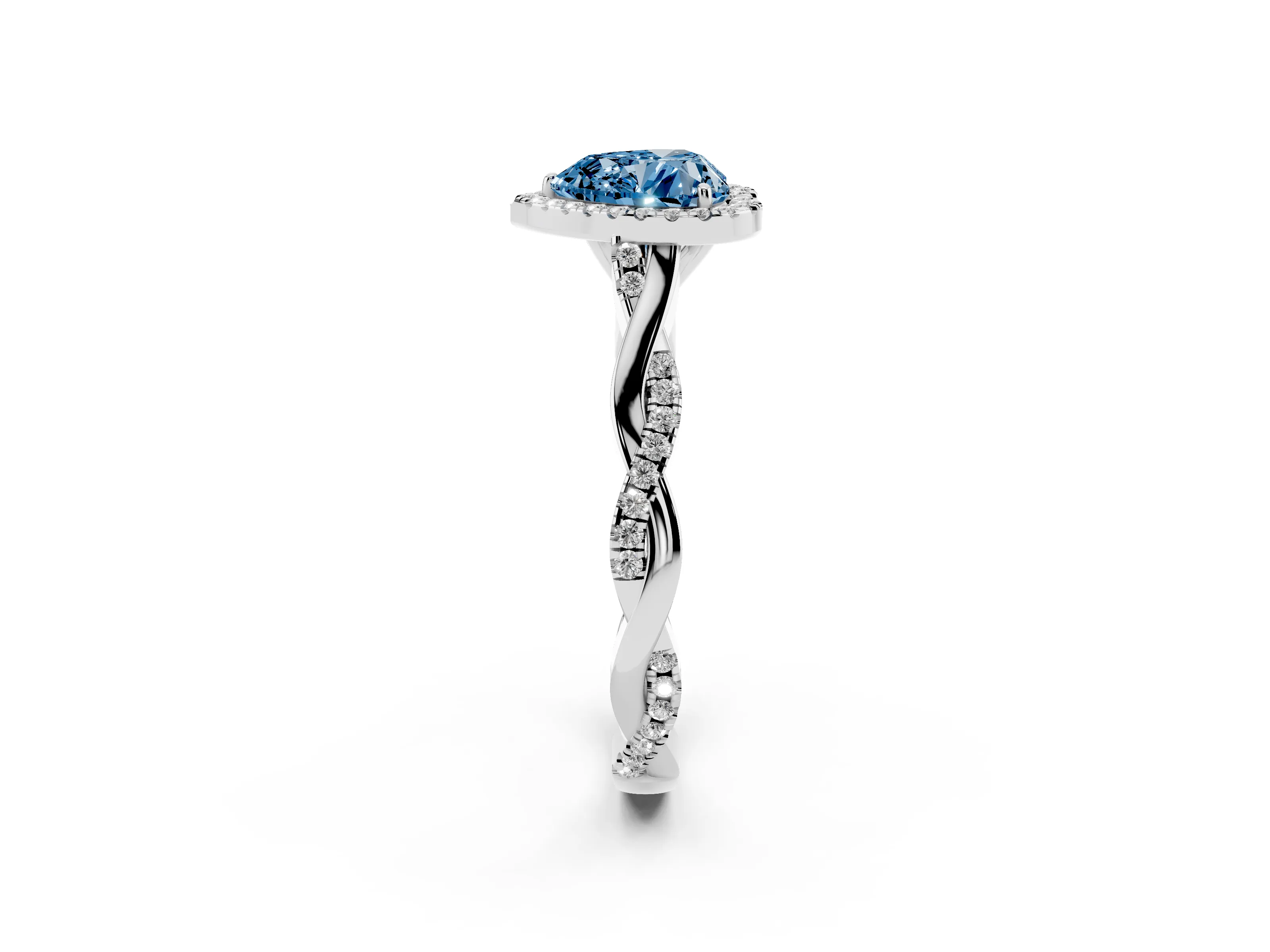 Fancy Blue Heart Cut Diamond Halo Twist Band Solitaire Ring Set in Platinum with Prong Setting
