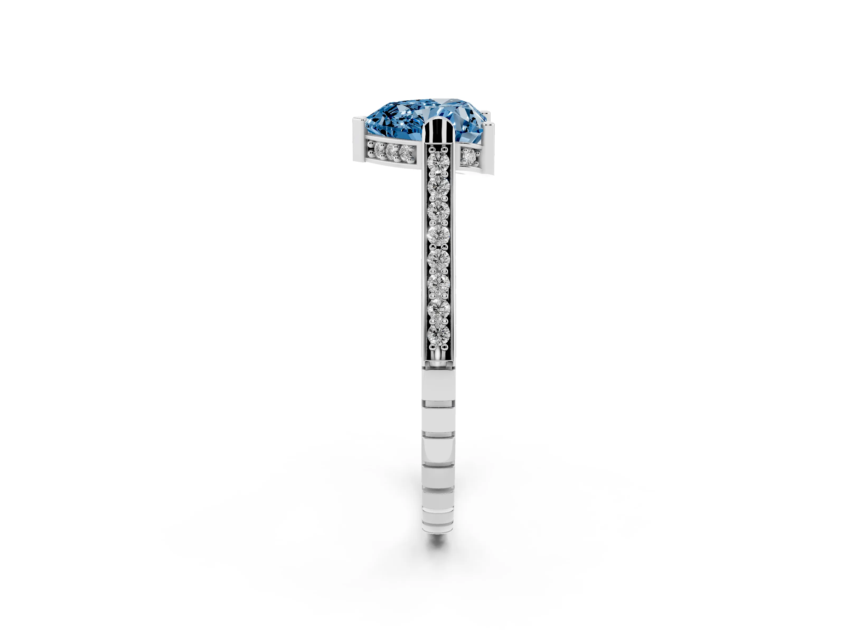 Fancy Blue Heart Cut Diamond Solitaire Ring Set in White gold with Channel Set Band and Bezel Prong Setting