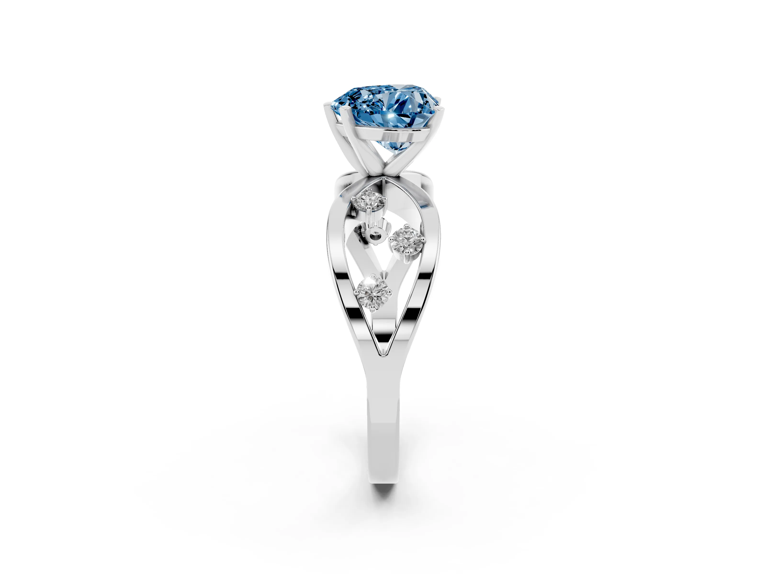 Fancy Blue Heart Cut Diamond Solitaire Ring Set in Platinum with Side Stones on Criss-Cross Band and Prong Setting