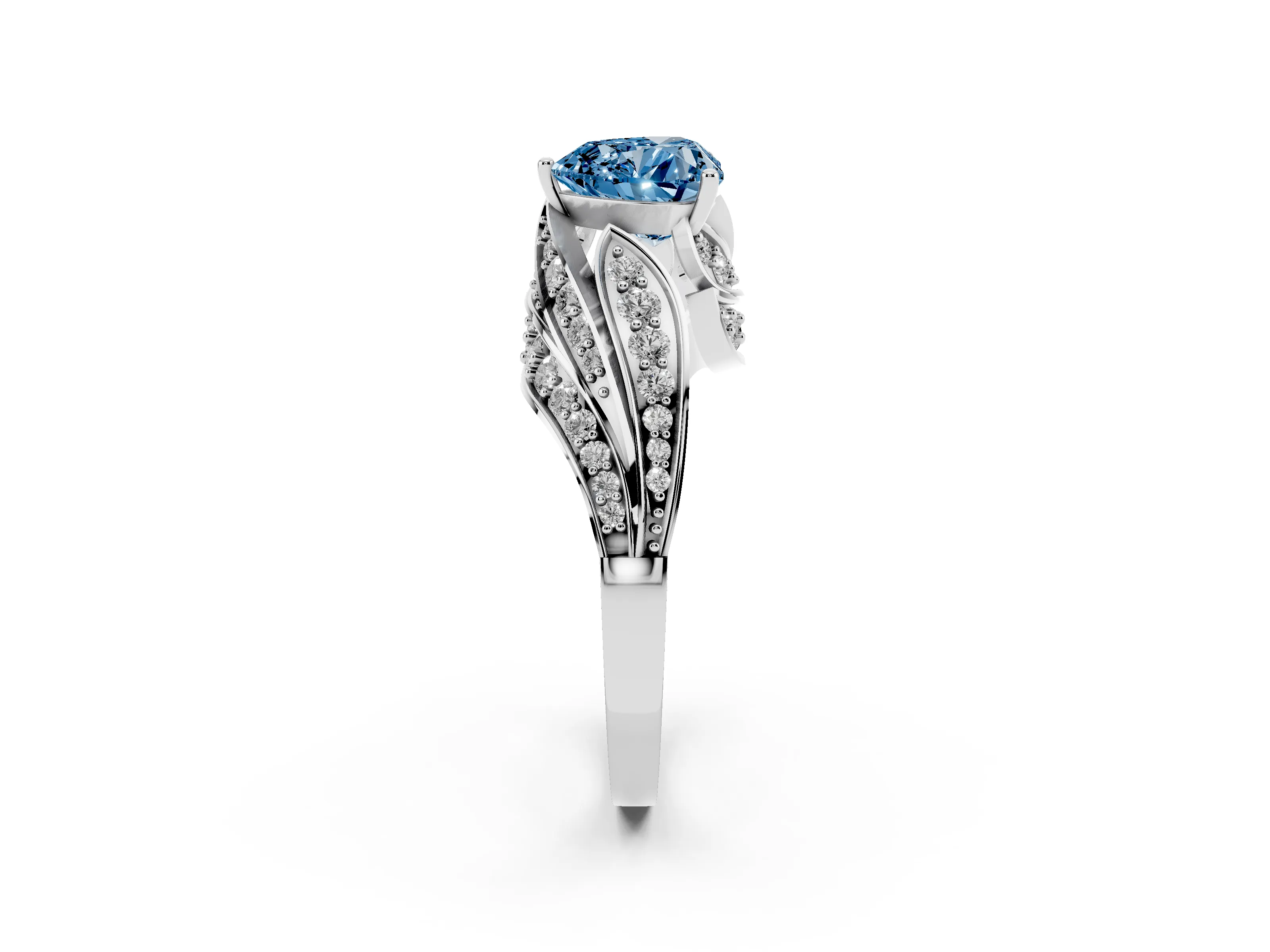 Fancy Blue Heart Cut Diamond Solitaire Ring Set in Silver with Layered Twist Pavé Band