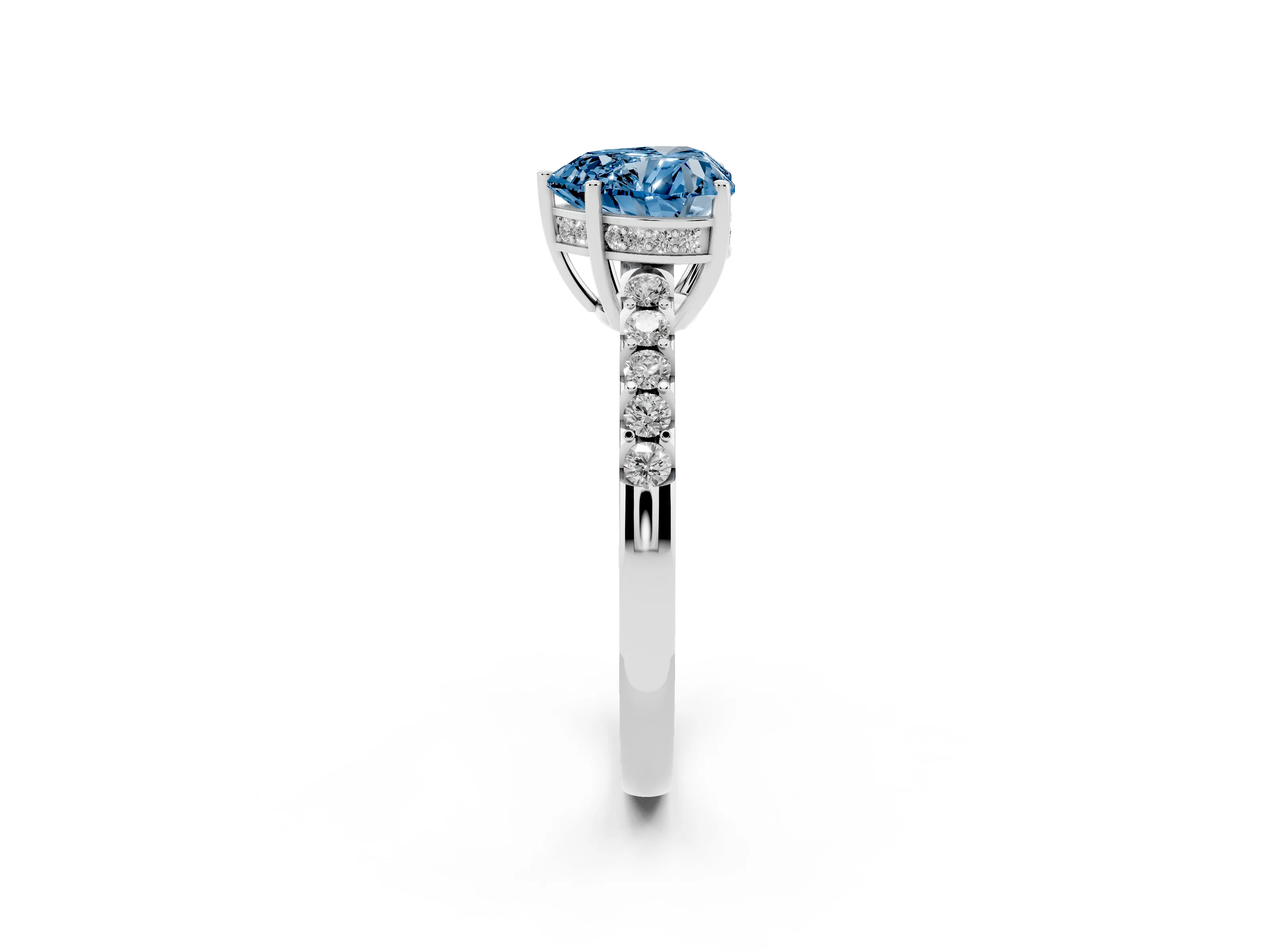 Fancy Blue Heart Cut Diamond Solitaire Engagement Ring Set in White gold with Pavé Band and Prong Setting