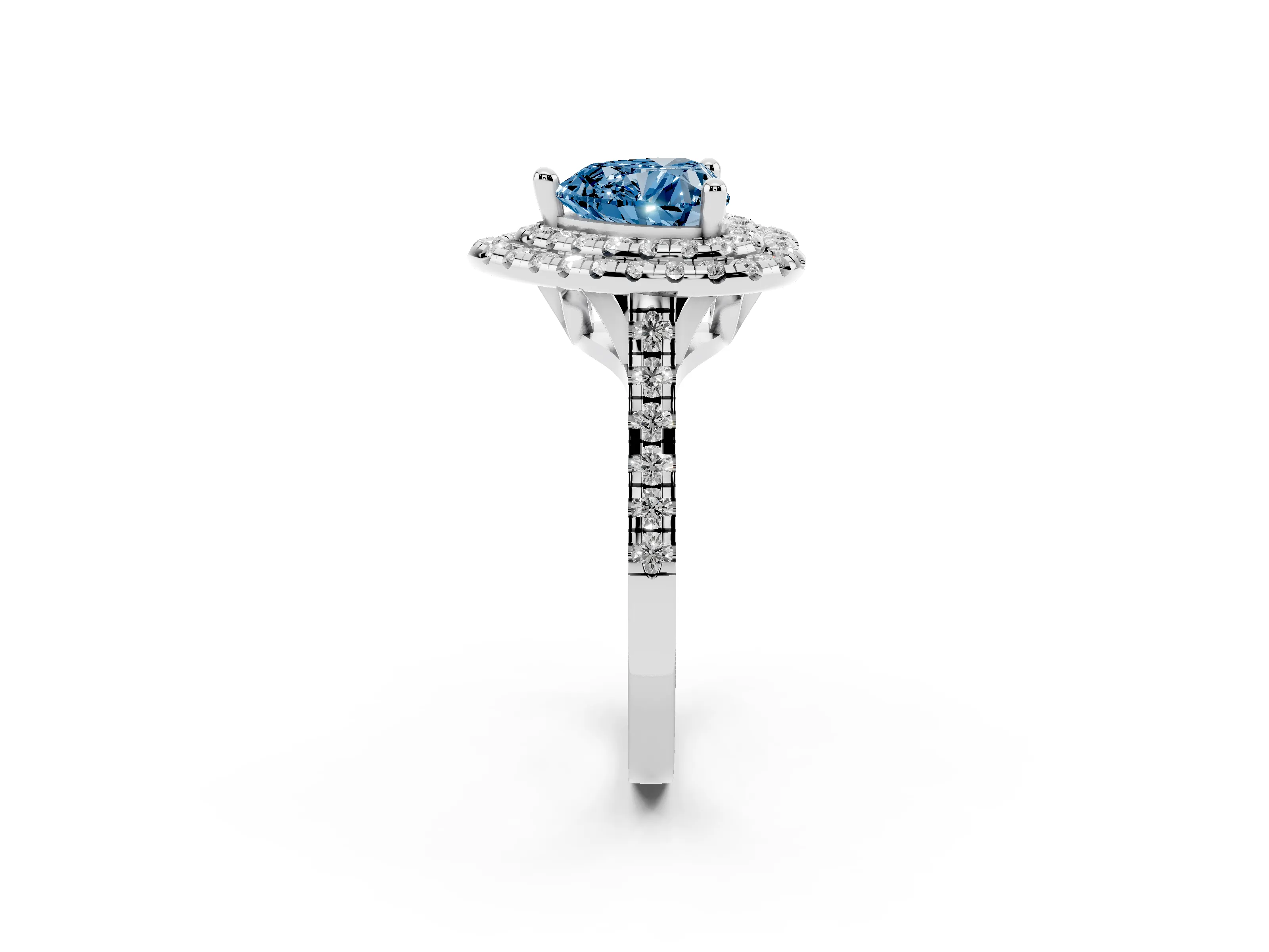 Fancy Blue Heart Cut Diamond Double Halo Statement Ring Set in Silver with Pavé Band