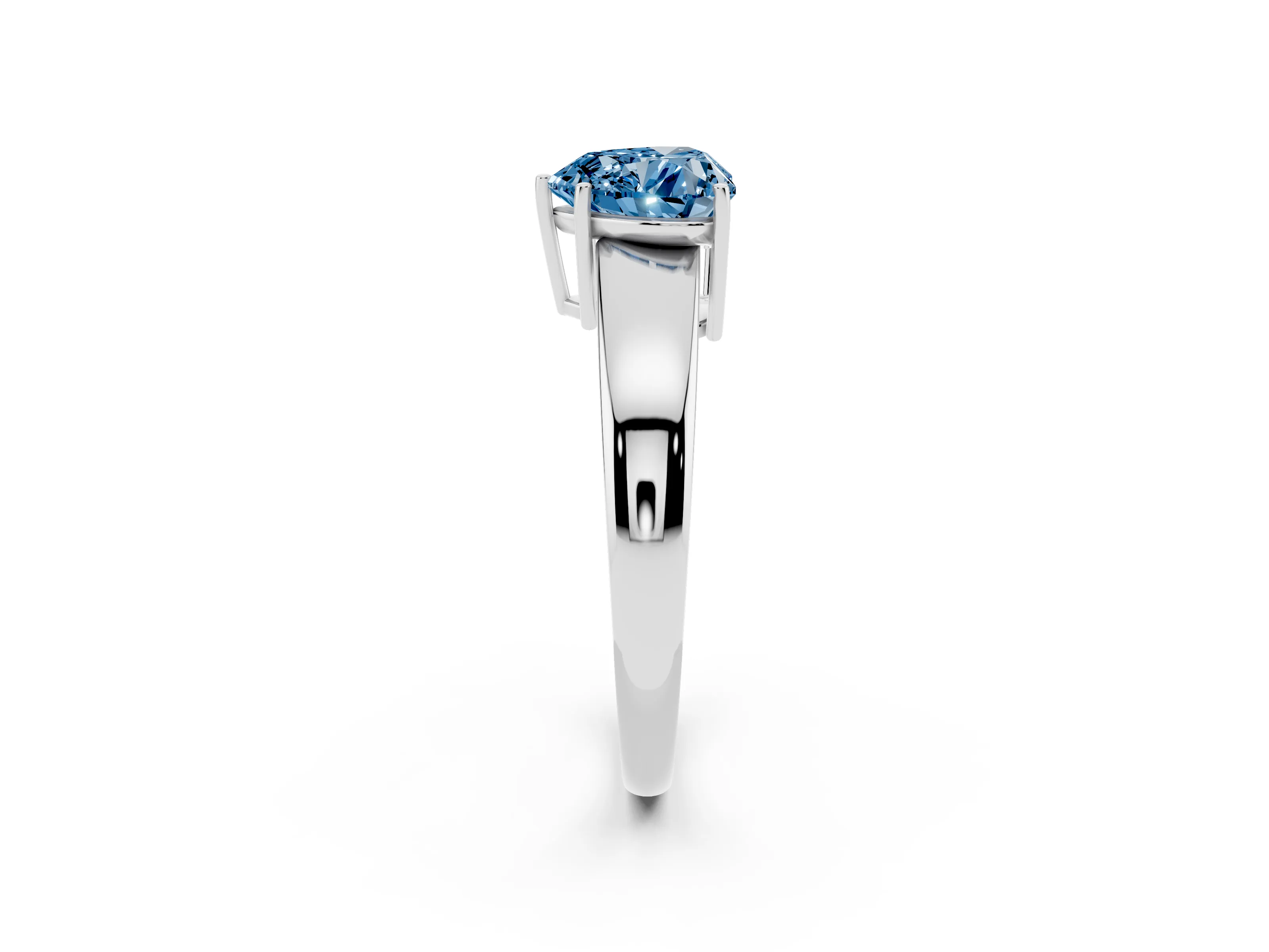 Fancy Blue Heart Cut Diamond Solitaire Ring Set in White gold with Tapered Band and Prong Setting