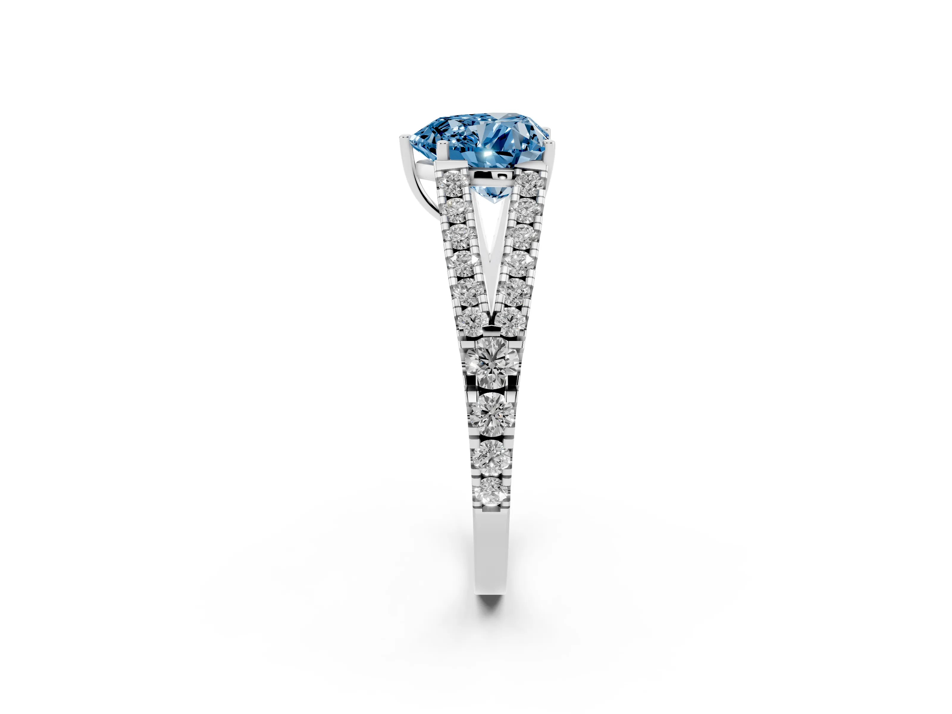 Fancy Blue Heart Cut Diamond Split Shank Pavé Engagement Ring Set in Platinum with Prong-Held Center Stone