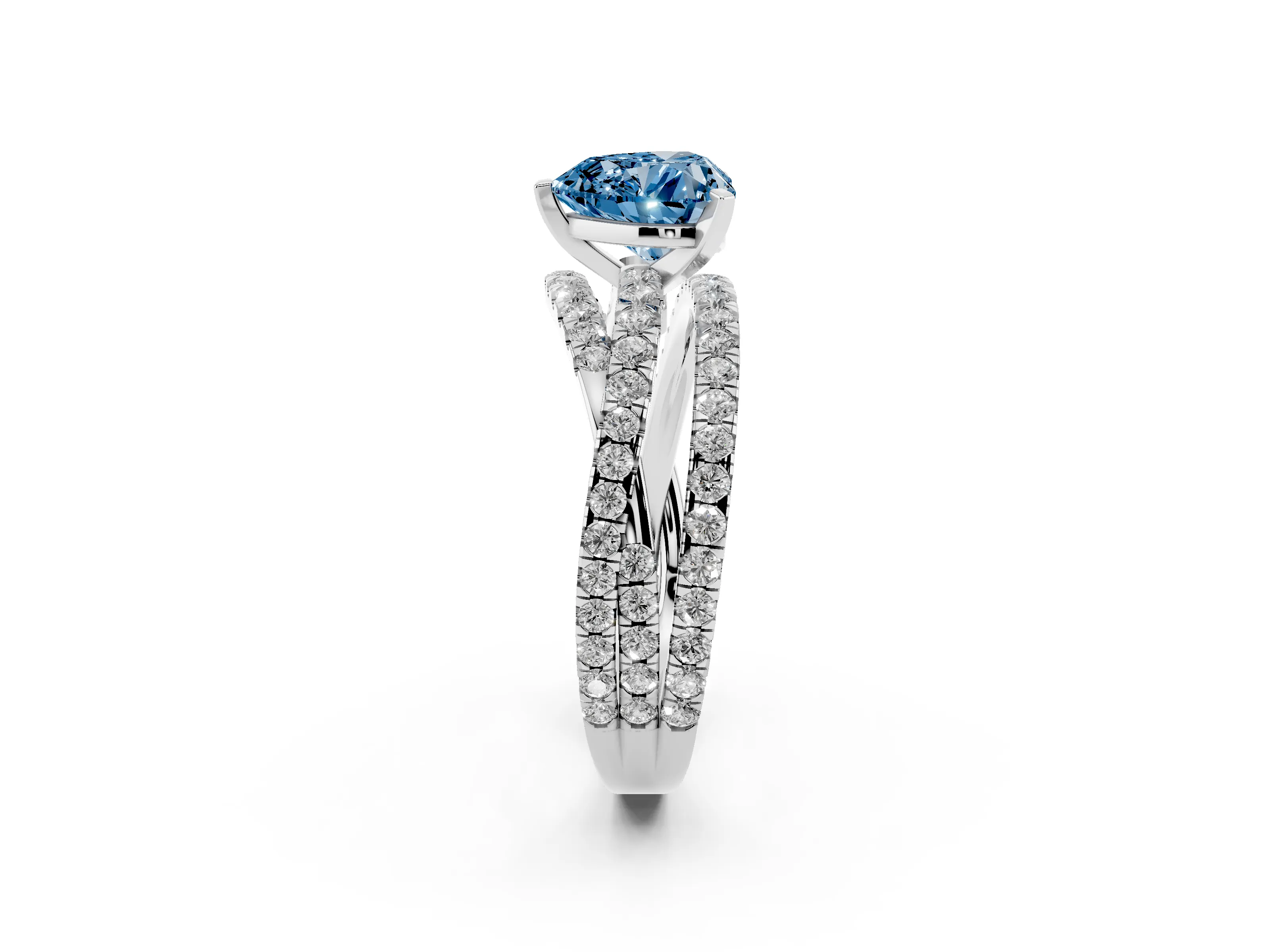 Fancy Blue Heart Cut Diamond Solitaire Twist Band Ring Set in Silver with Pavé Setting and Prong Head