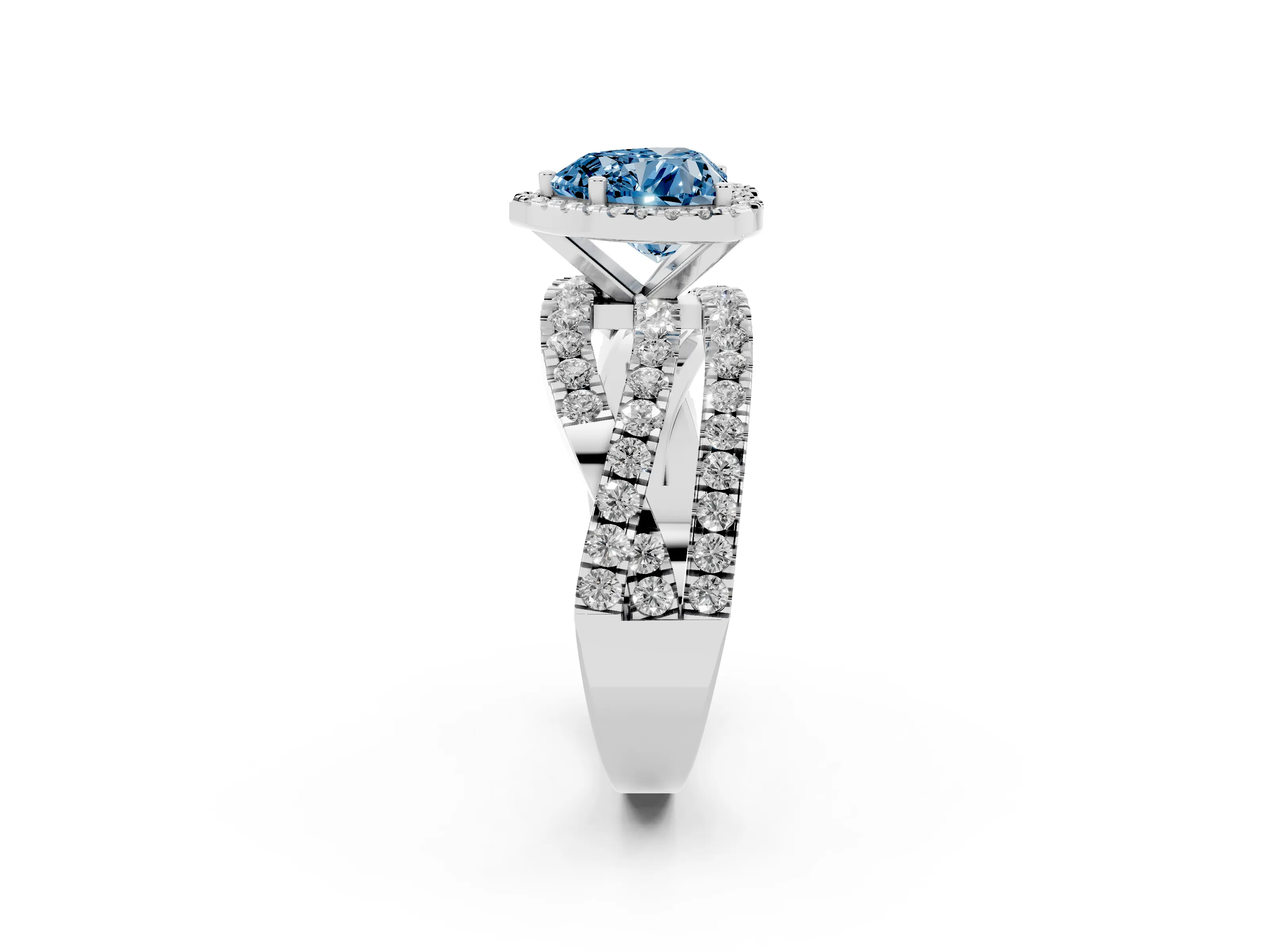 Fancy Blue Heart Cut Diamond Halo Ring Set in Silver with Round Crossover Split Shank and Prong Setting