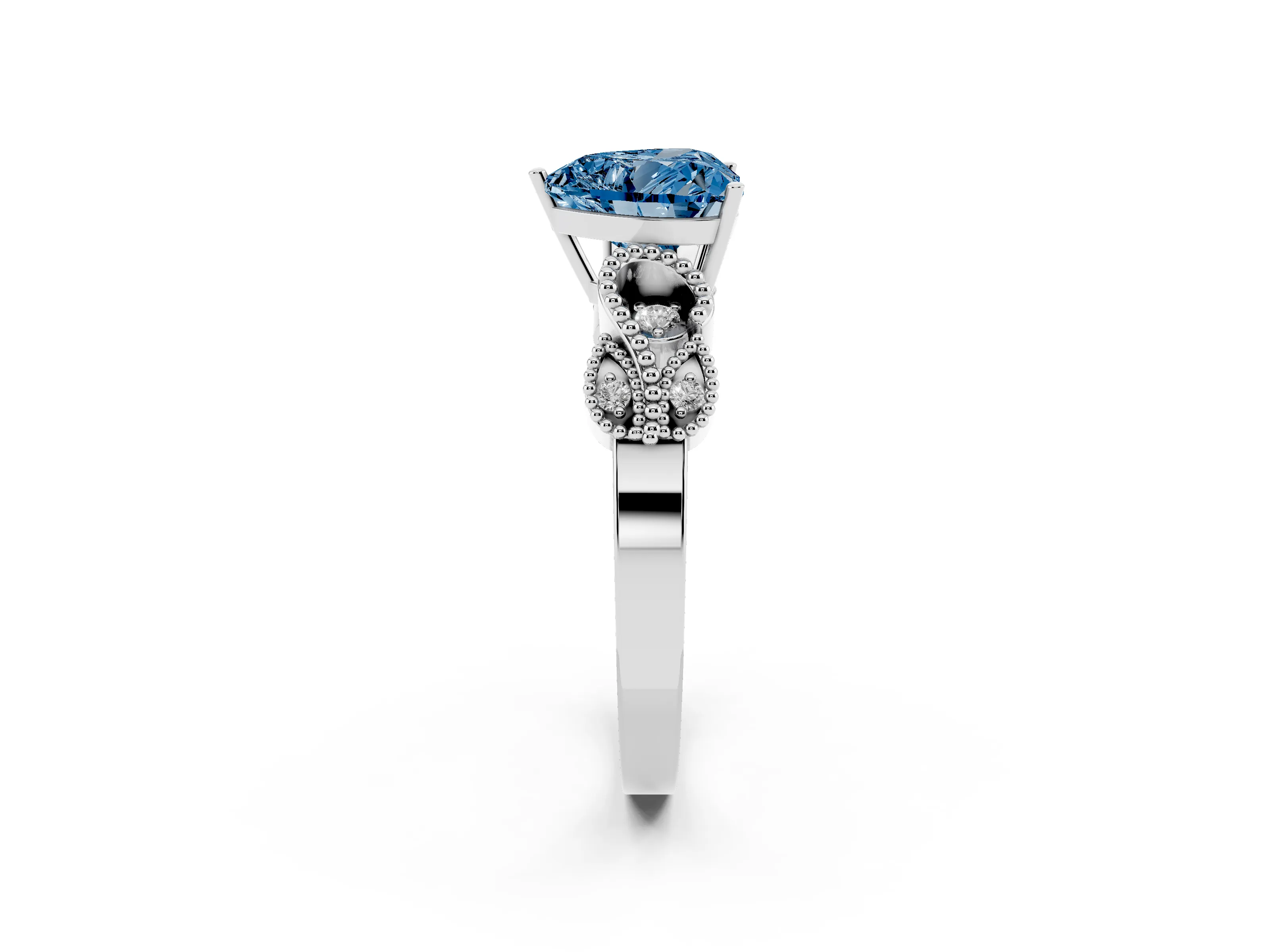 Fancy Blue Heart Cut Diamond Milgrain Leaf Band Solitaire Ring Set in White gold with Accent Stones and Prong Setting