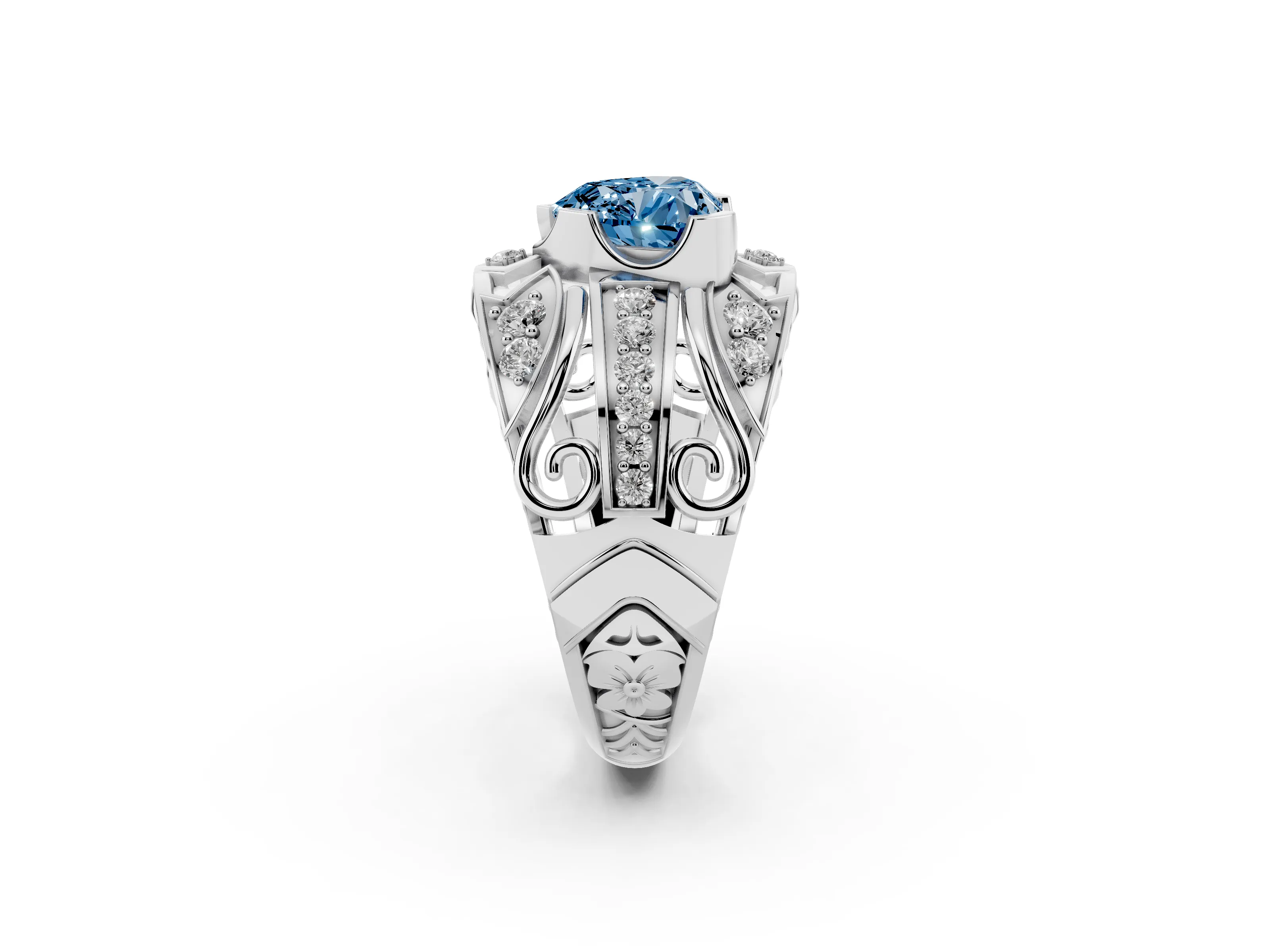 Fancy Blue Heart Cut Diamond Art Deco Ring Set in Platinum with Pavé Split Shank