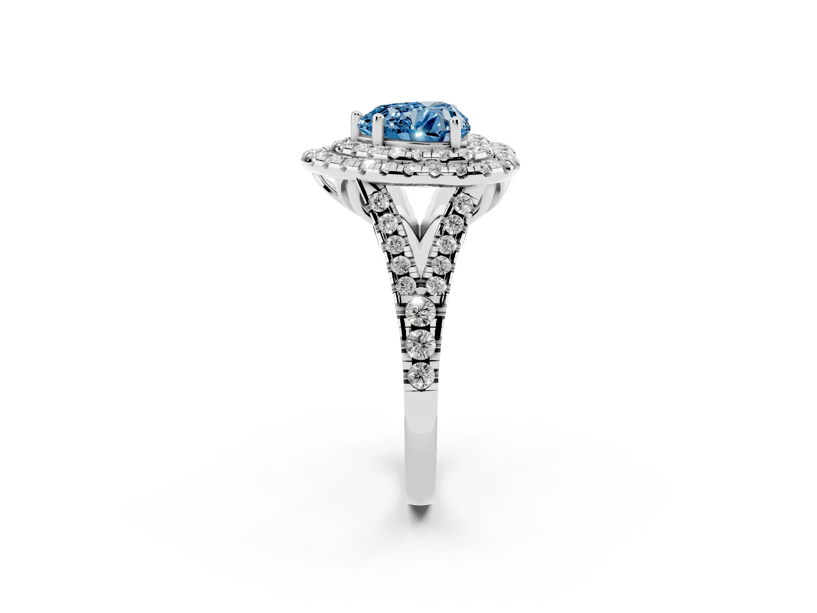 Fancy Blue Heart Cut Diamond Double Halo Ring Set in Silver with Pavé Split Shank and Prong Setting
