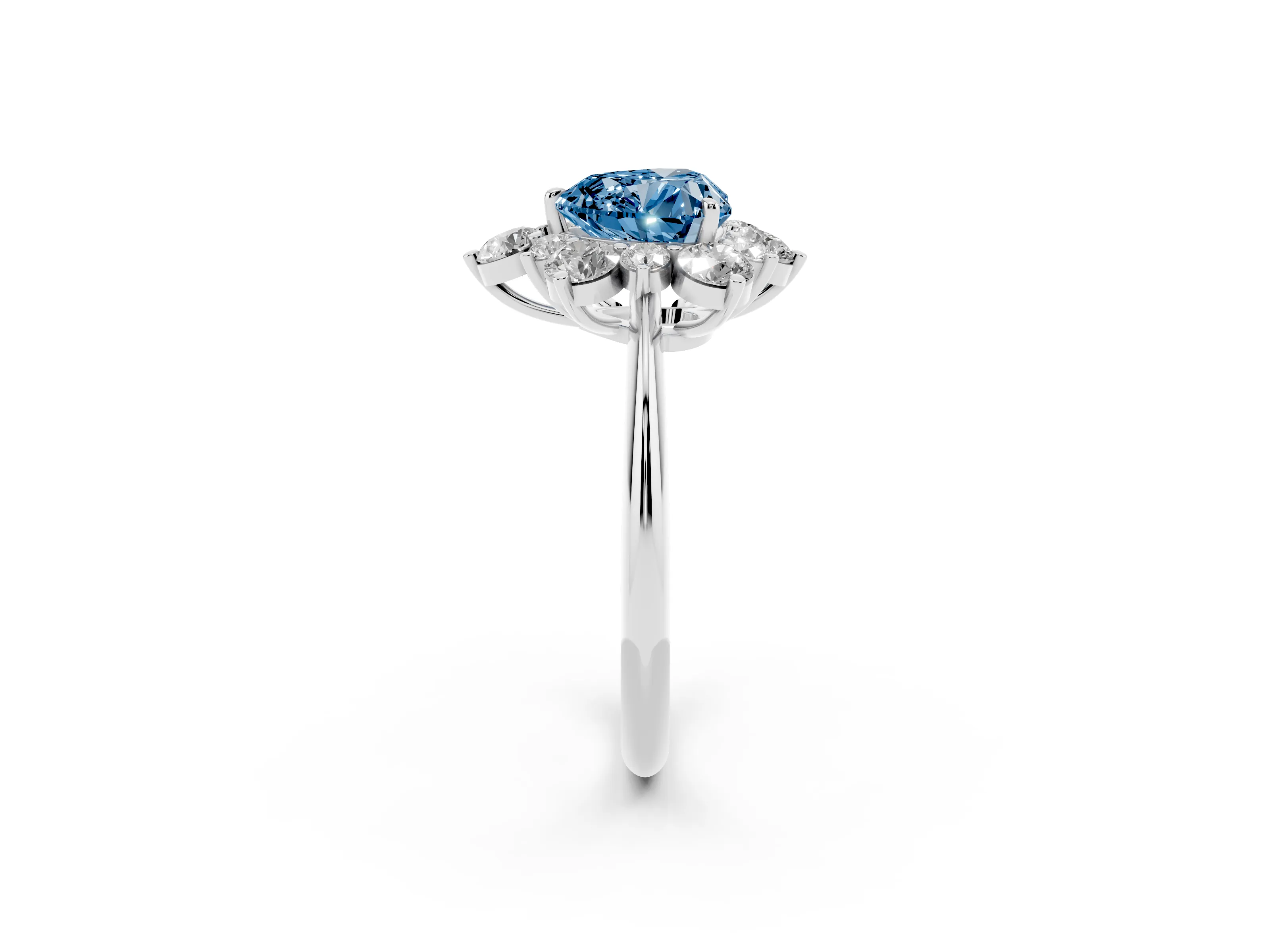 Fancy Blue Heart Cut Diamond Cluster Halo Ring Set in White gold with Solitaire Band and Prong Setting