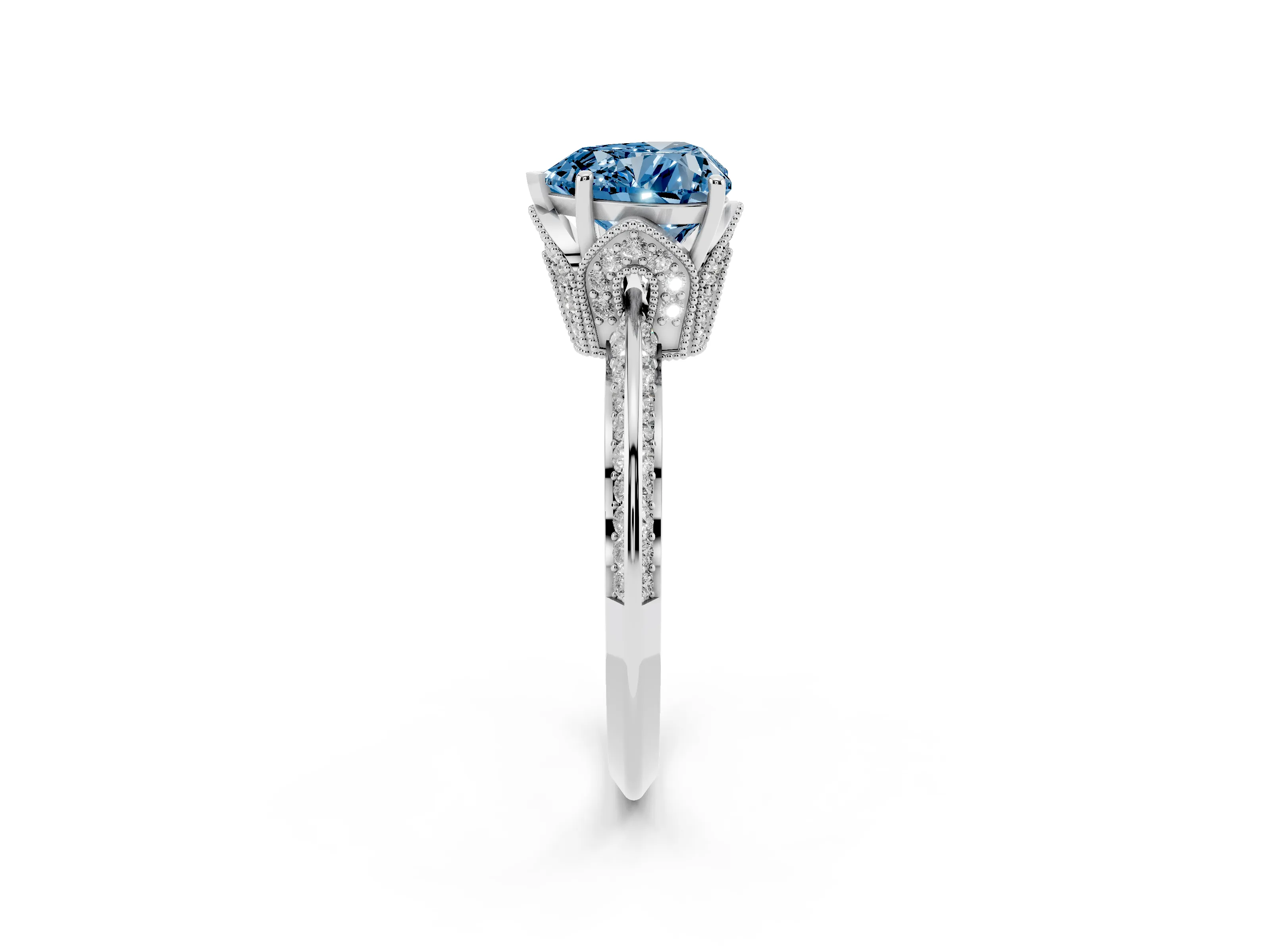 Fancy Blue Heart Cut Diamond Solitaire Engagement Ring Set in Platinum with Pavé Split Shank and Prong Setting