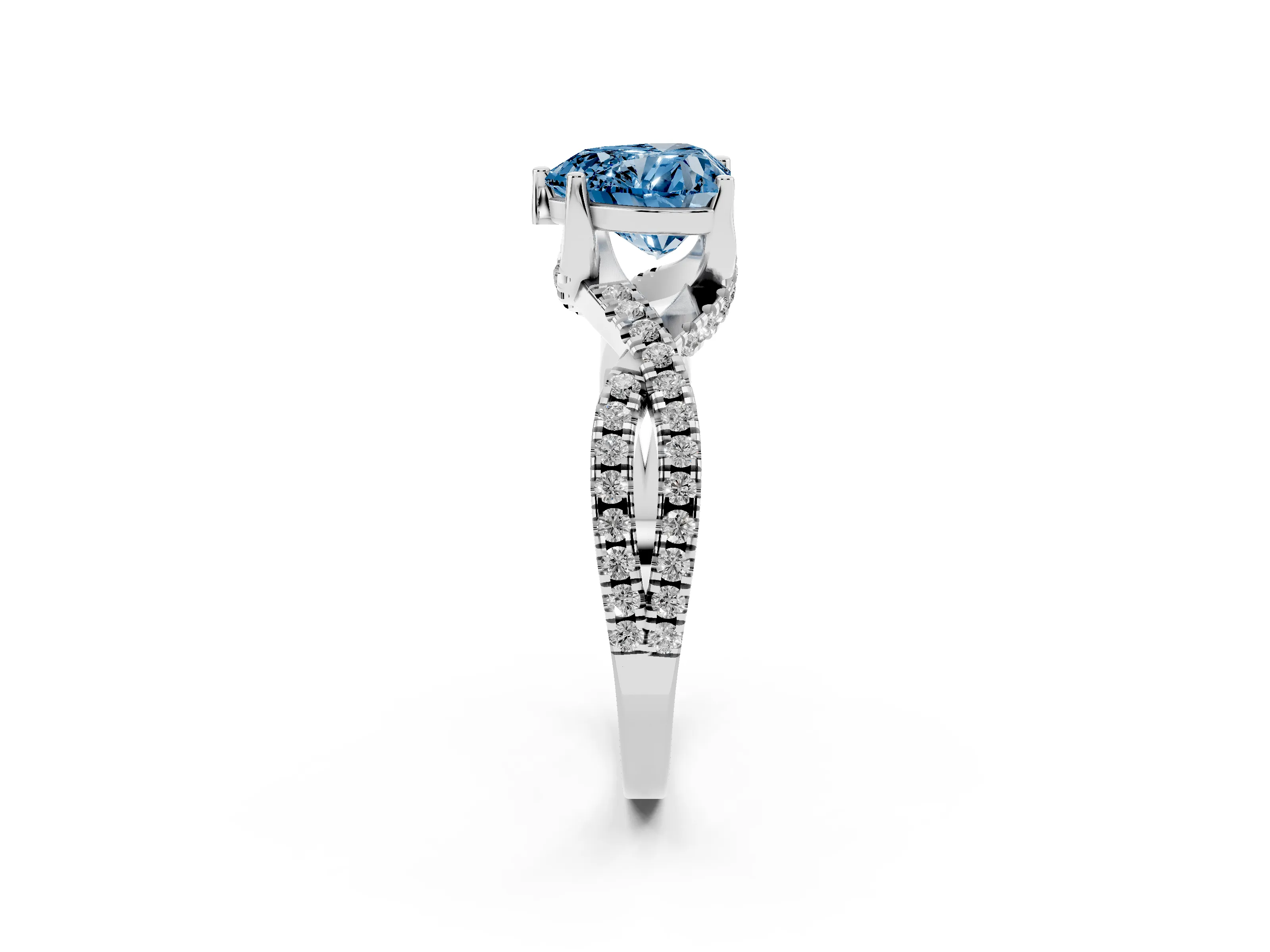 Fancy Blue Heart Cut Diamond Twist Pavé Solitaire Engagement Ring Set in Platinum with Prong Setting