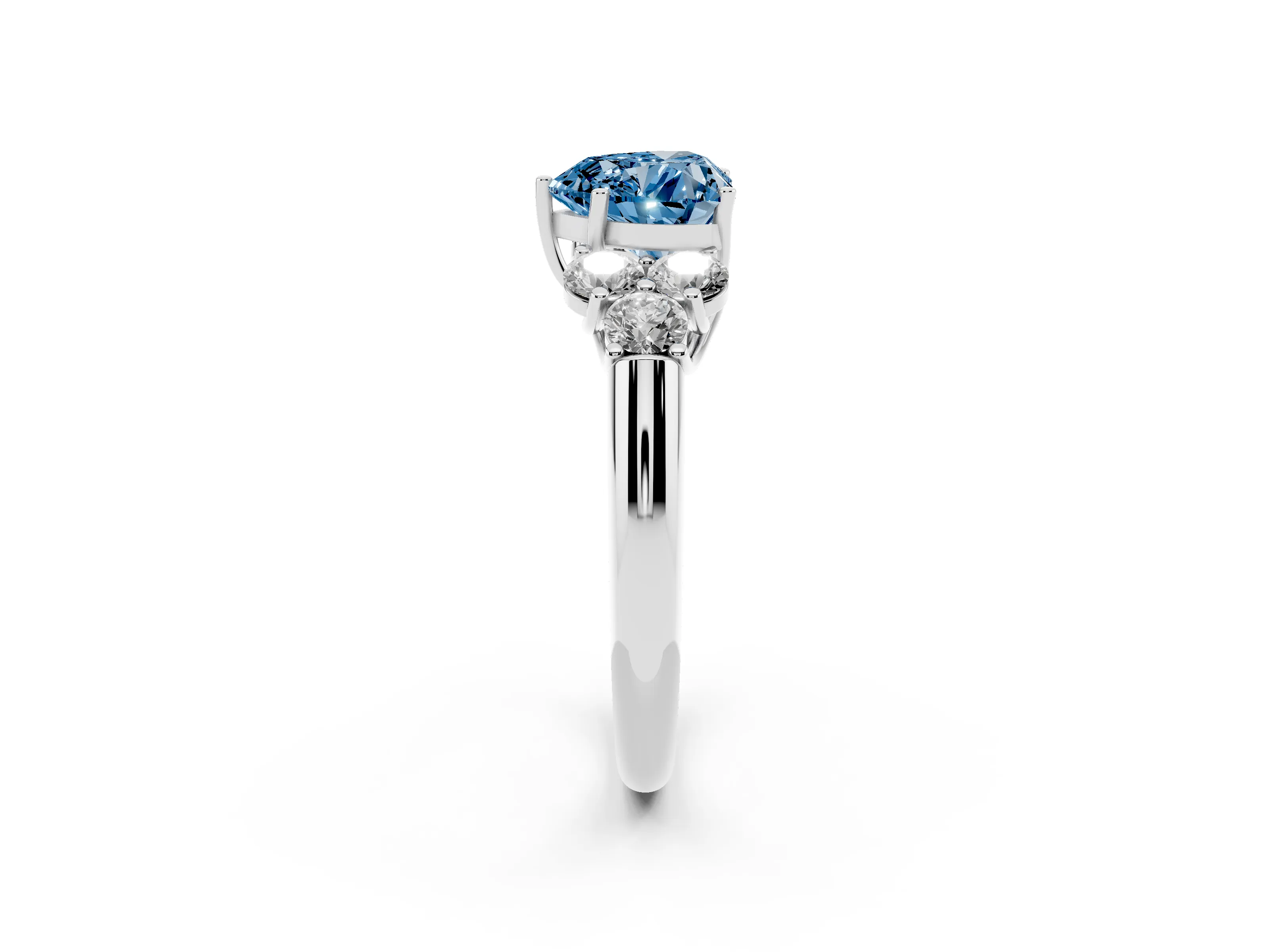 Fancy Blue Heart Cut Diamond Cluster Ring Set in Platinum with Round Accent Stones and Prong Setting on a Plain Band
