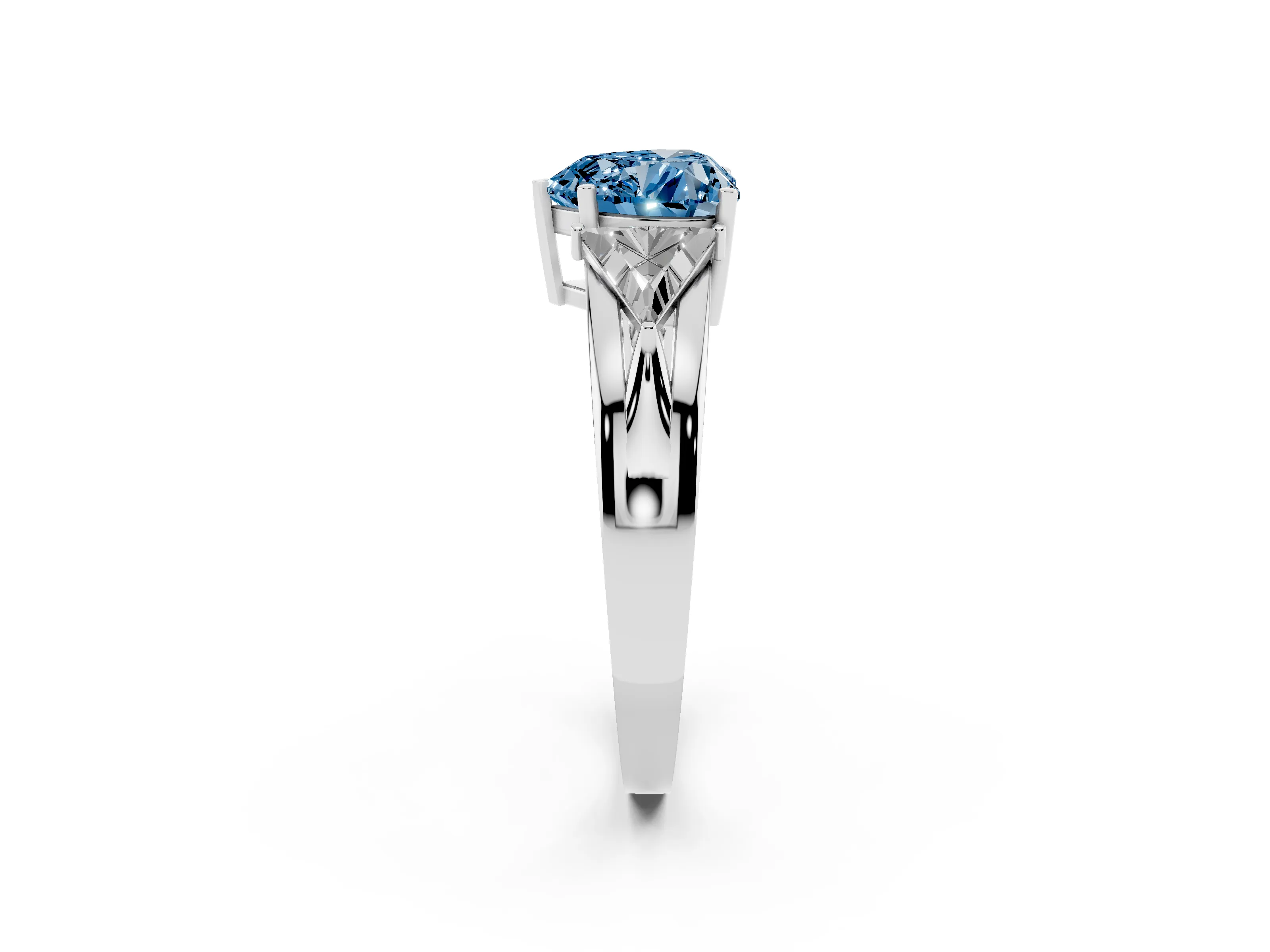 Fancy Blue Heart Cut Diamond Three-Stone Ring Set in Silver with Trillion Side Stones and Split Shank
