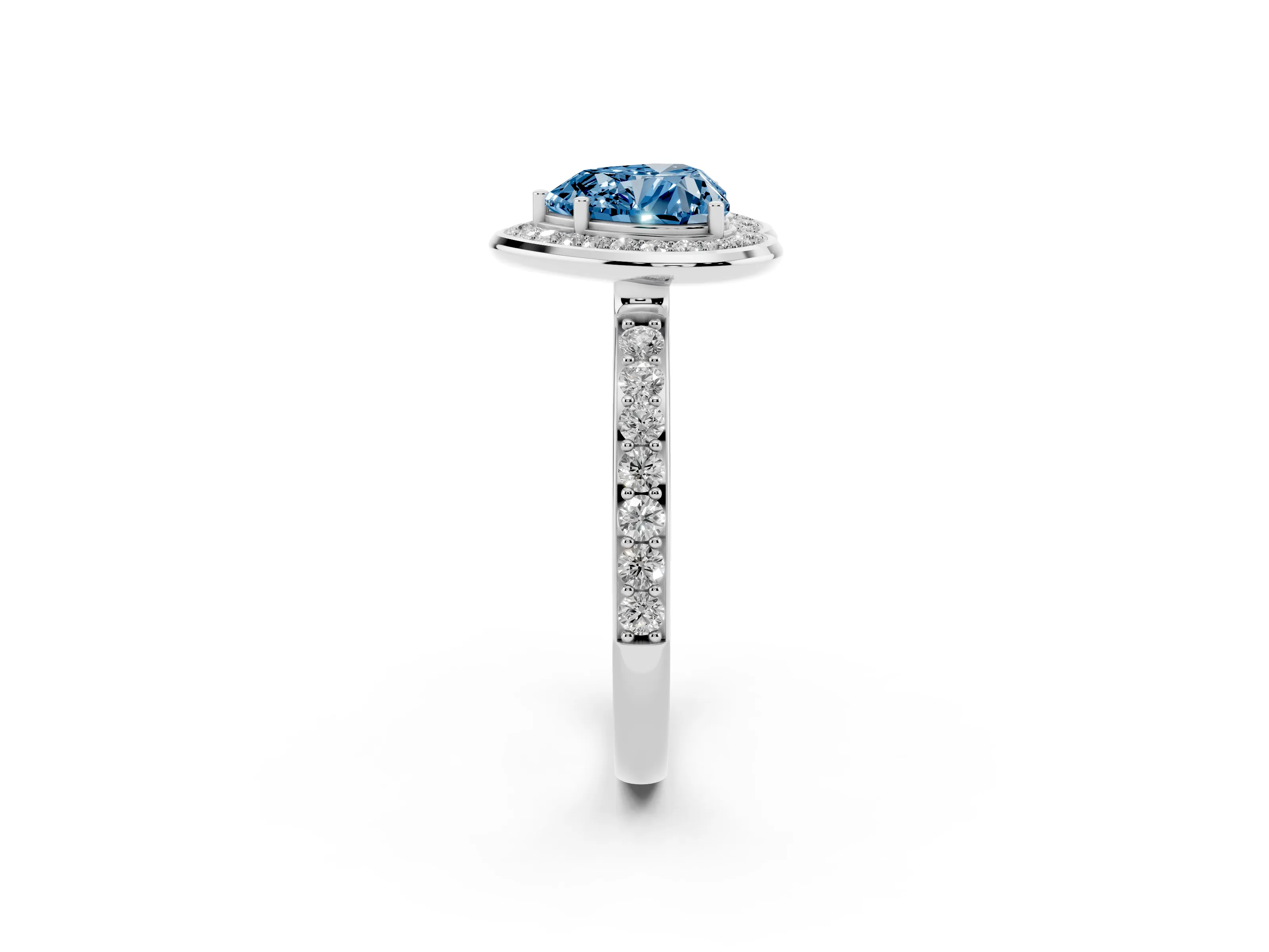 Fancy Blue Heart Cut Diamond Halo Ring Set in Silver with Bezel Frame and Pavé Band