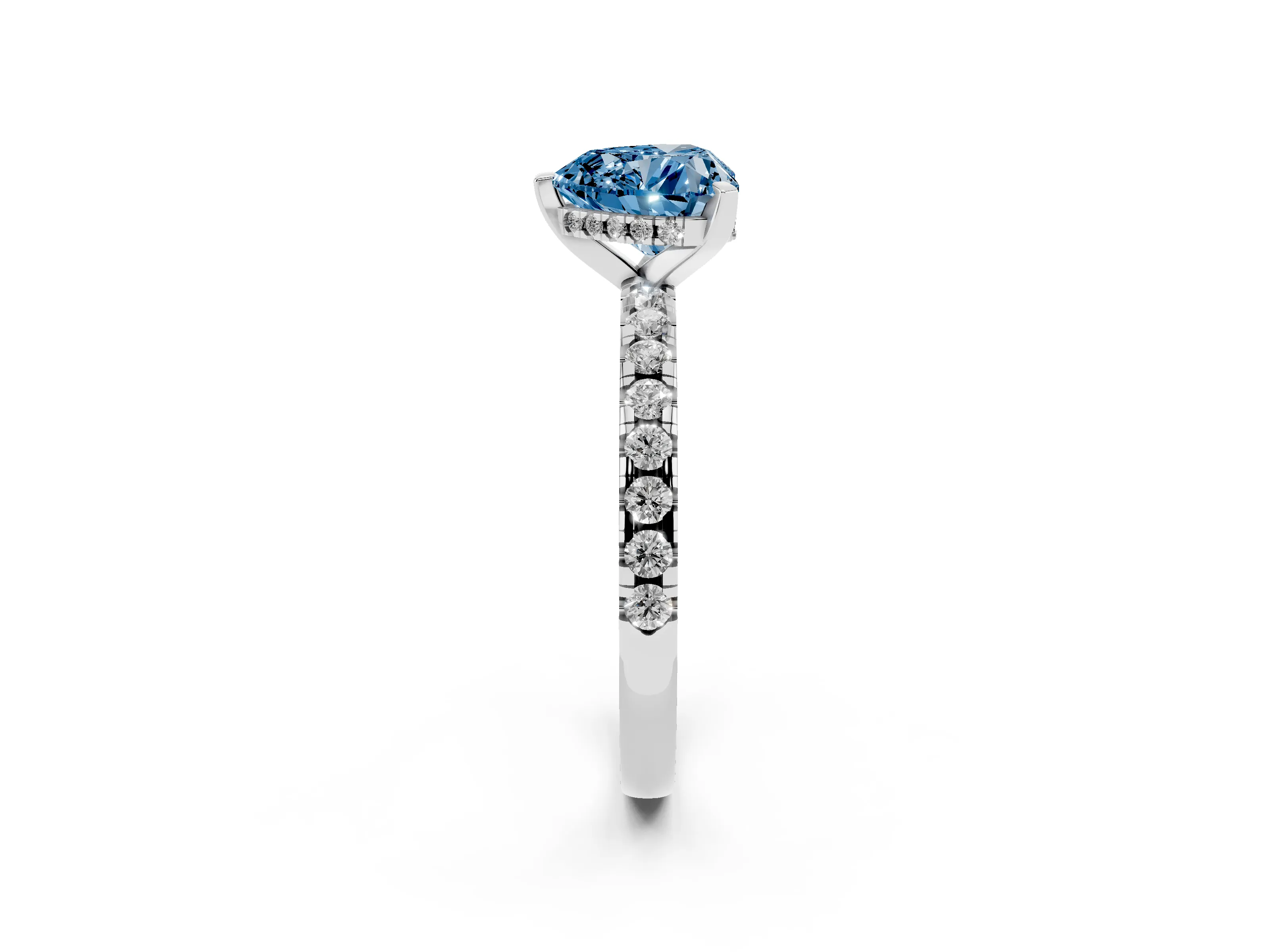 Fancy Blue Heart Cut Diamond Pavé Solitaire Ring Set in Platinum with Round Band Accents and Prong Setting