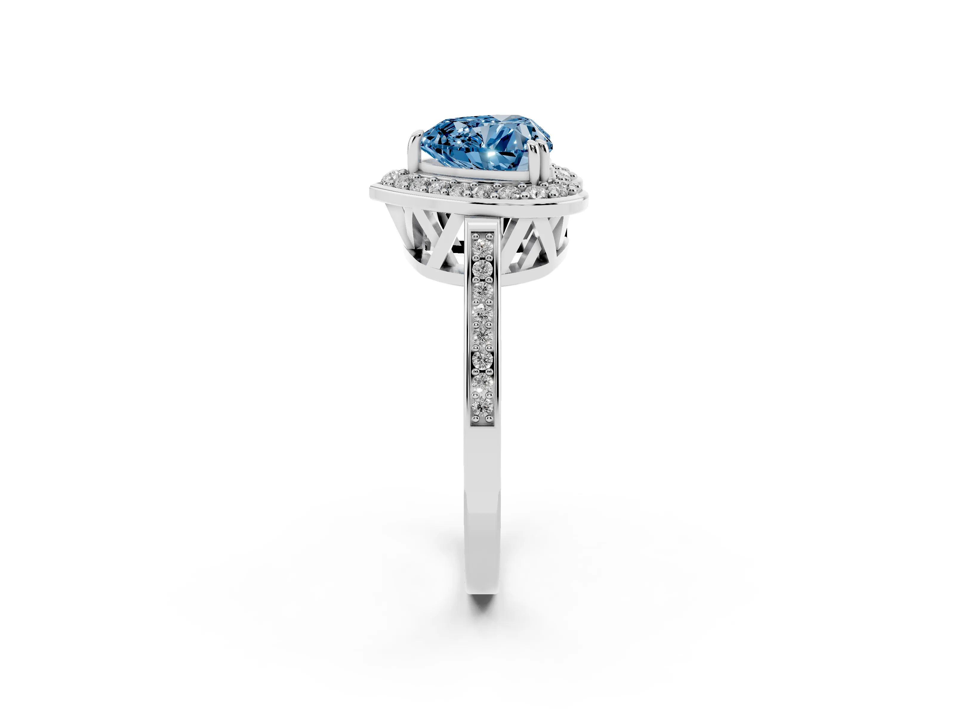 Fancy Blue Heart Cut Diamond Halo Ring Set in Platinum with Accent-Lined Split Shank and Prong Setting