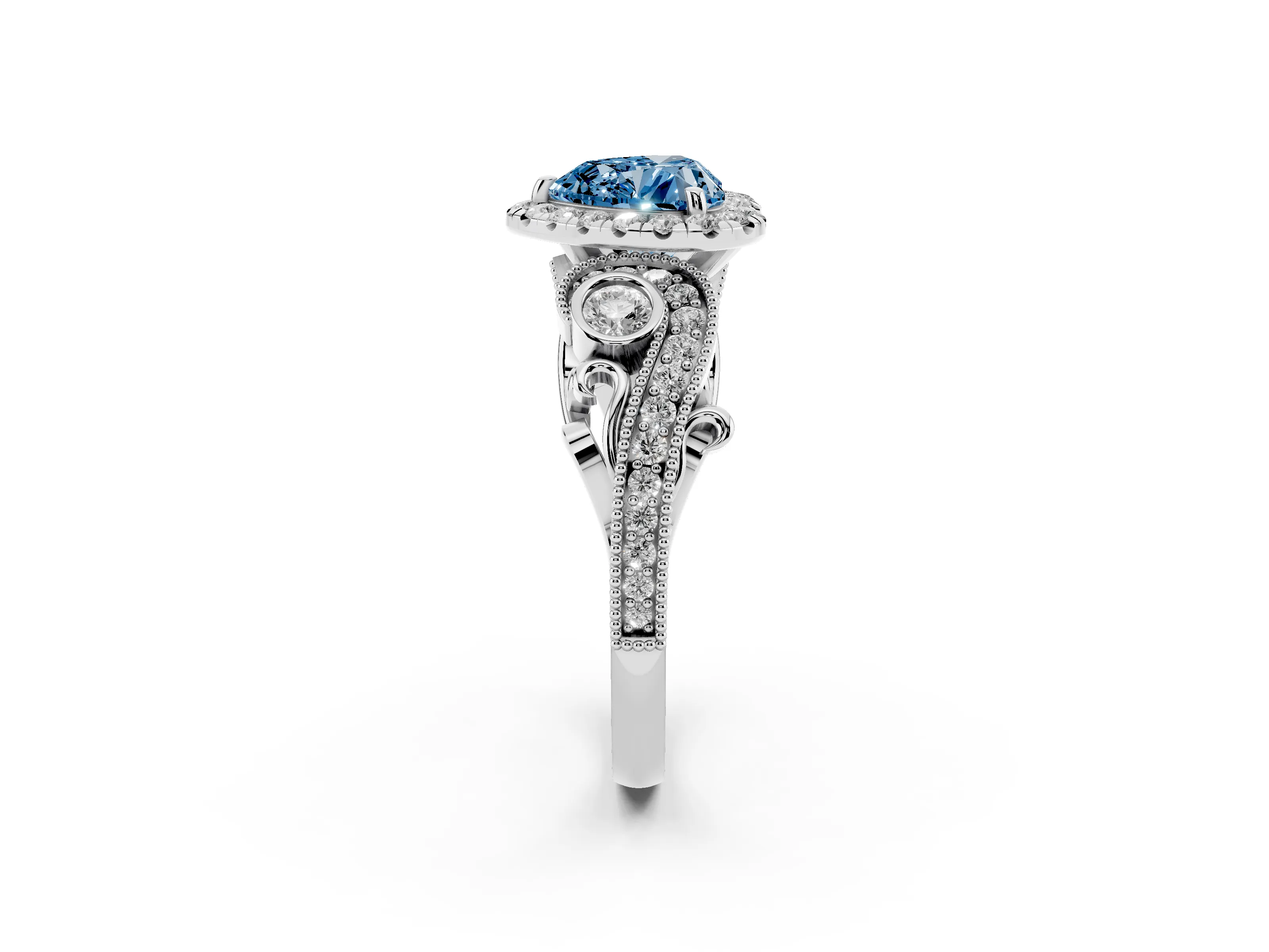 Fancy Blue Heart Cut Diamond Halo Ring Set in White gold with Milgrain Pavé Band and Prong Setting