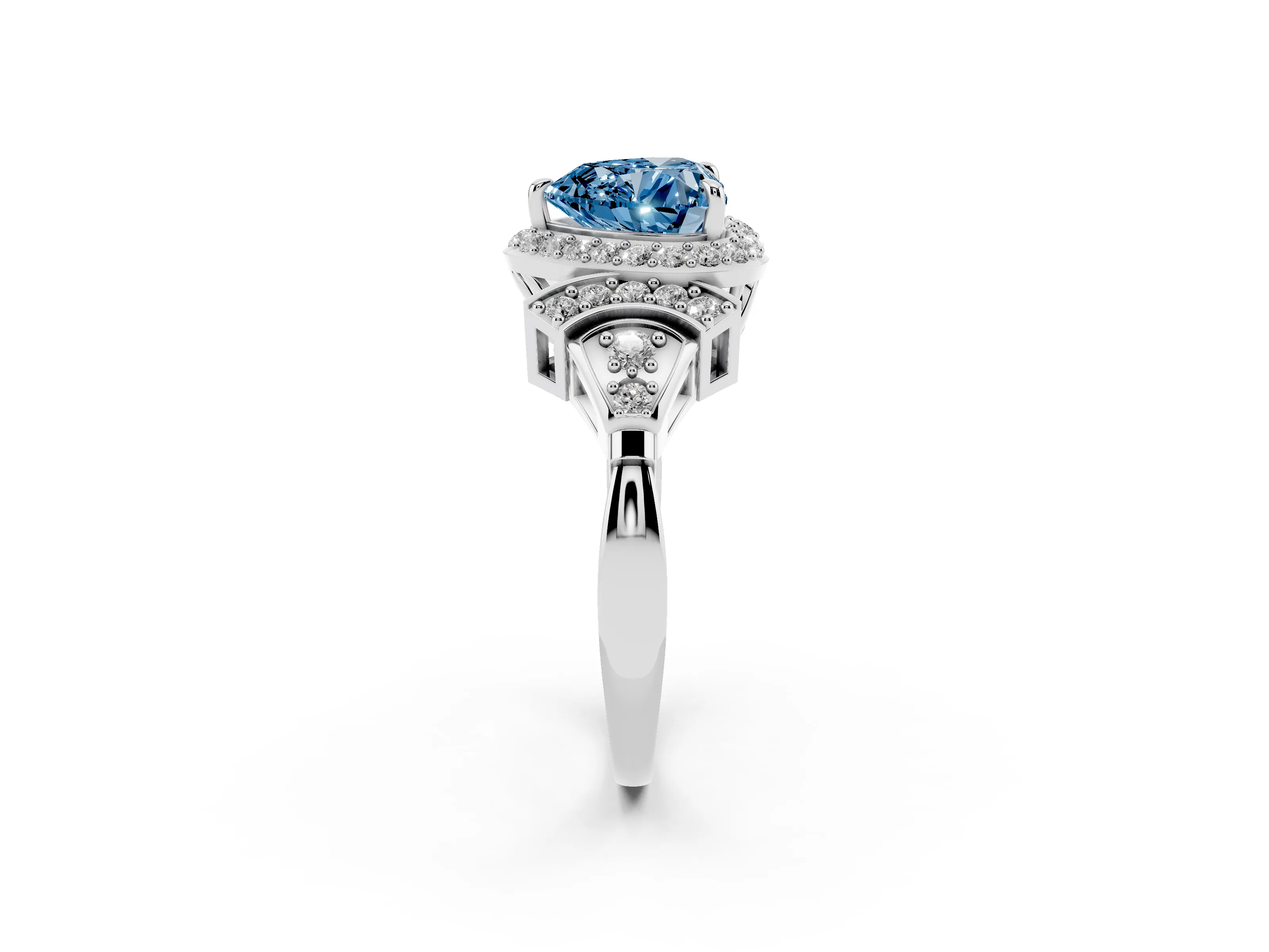 Fancy Blue Heart Cut Diamond Halo Engagement Ring Set in Silver with Accent Stone Split Shank