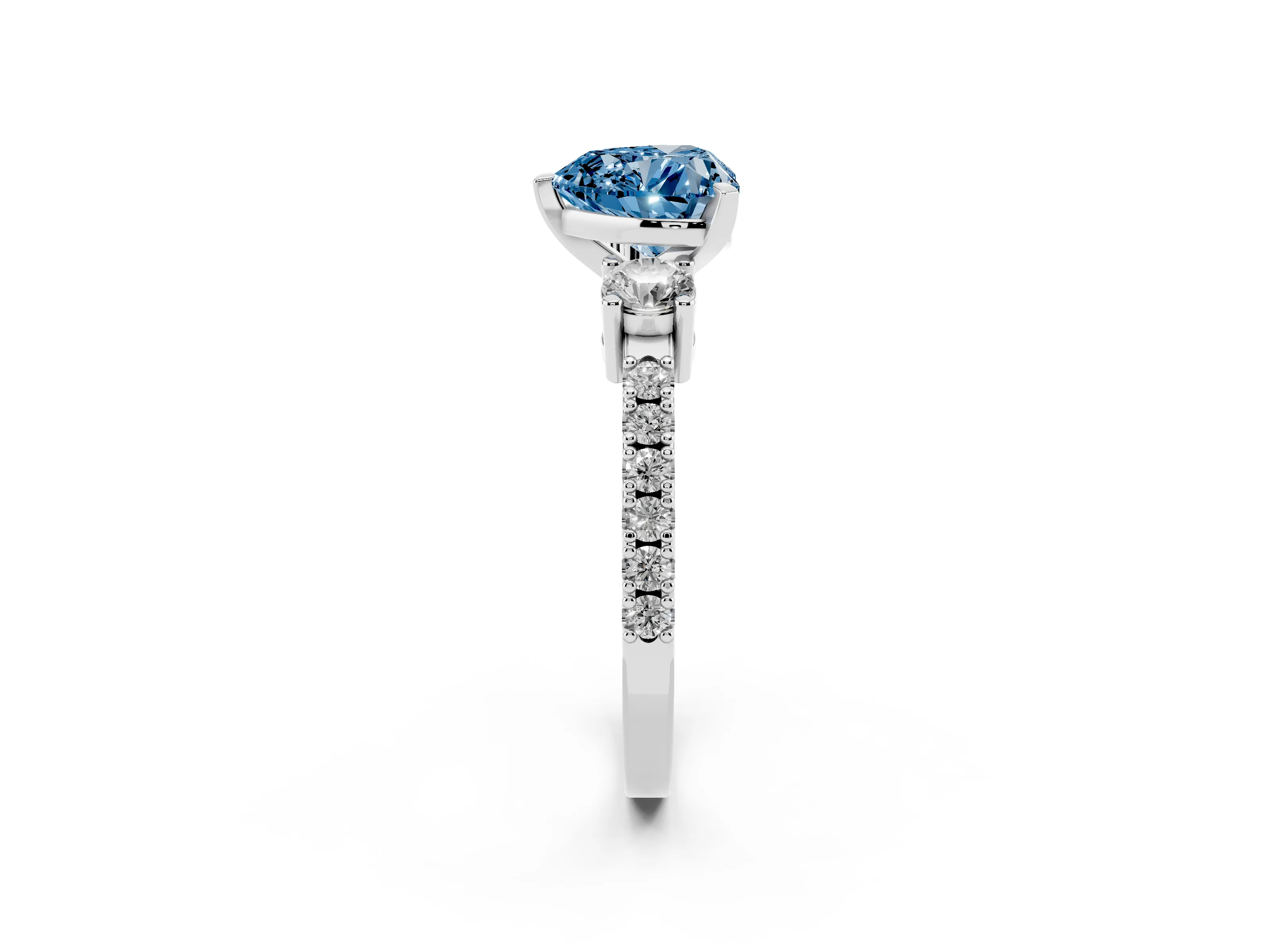Fancy Blue Three-Stone Heart Cut Diamond Pavé Band Ring Set in Silver with Prong Setting
