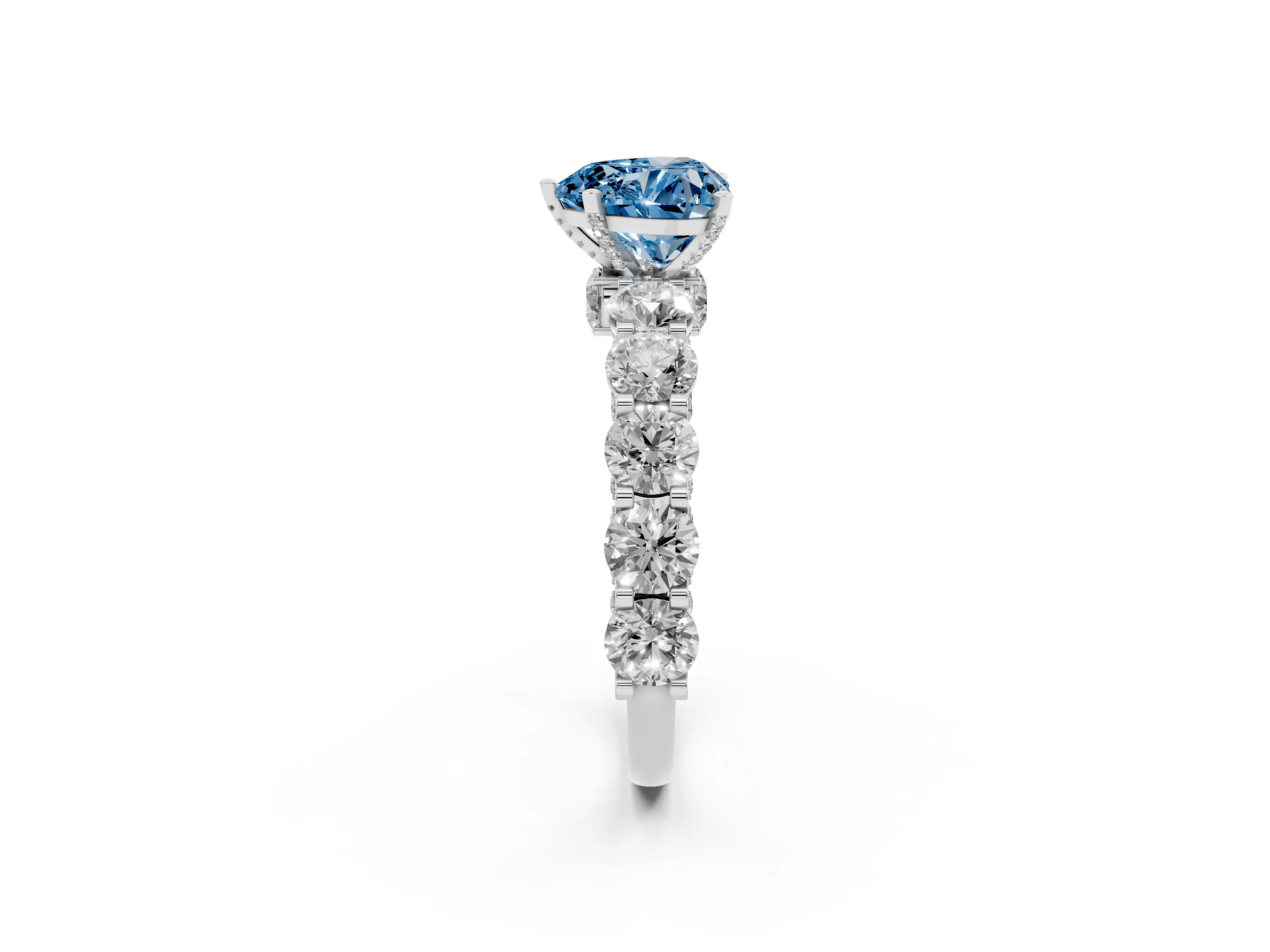Fancy Blue Heart Cut Diamond Side Stone Ring Set in Silver with Alternating Round and Oval Side Stones