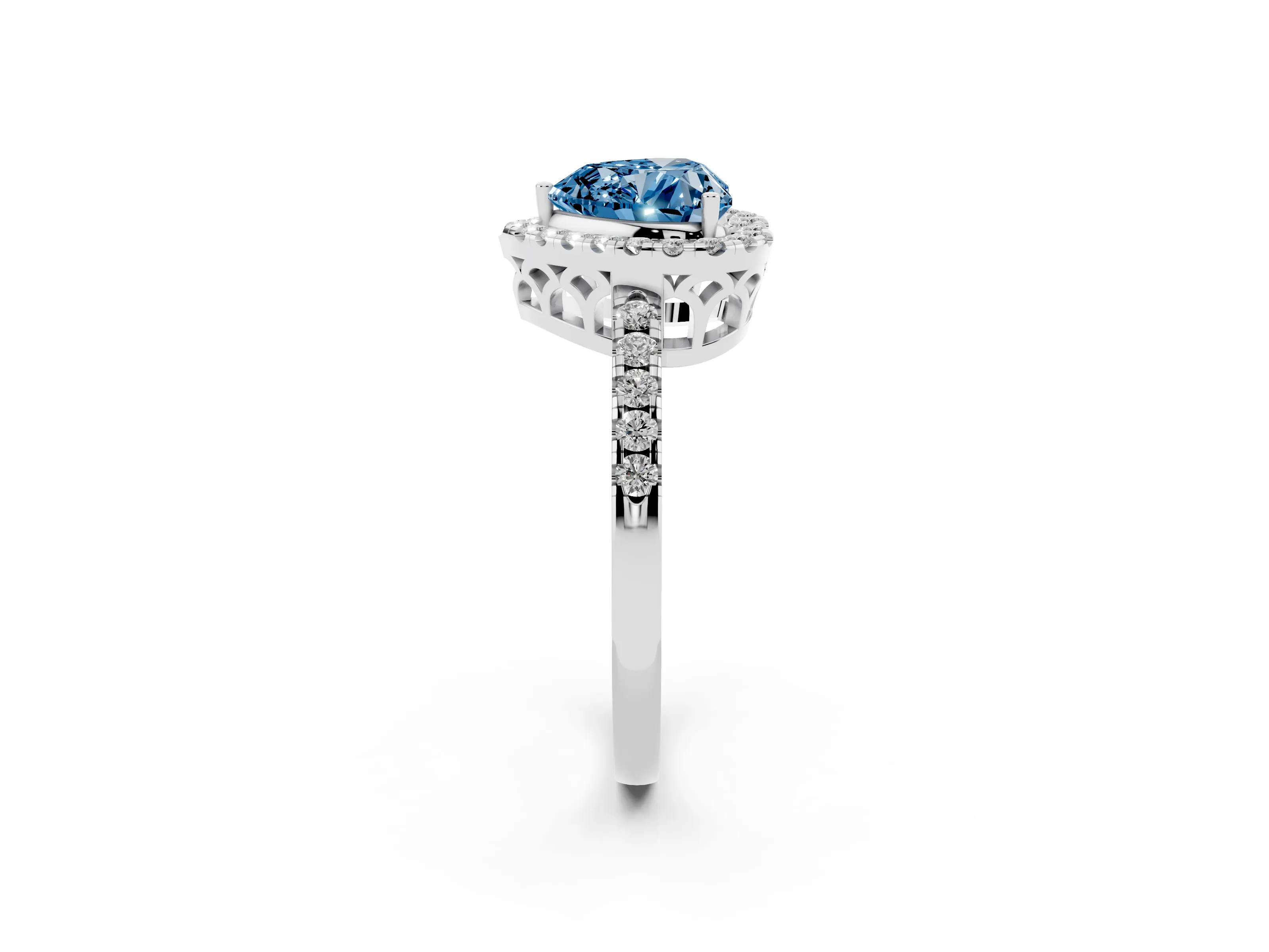 Fancy Blue Heart Cut Diamond Pavé Band Halo Engagement Ring Set in White gold with Prong Setting
