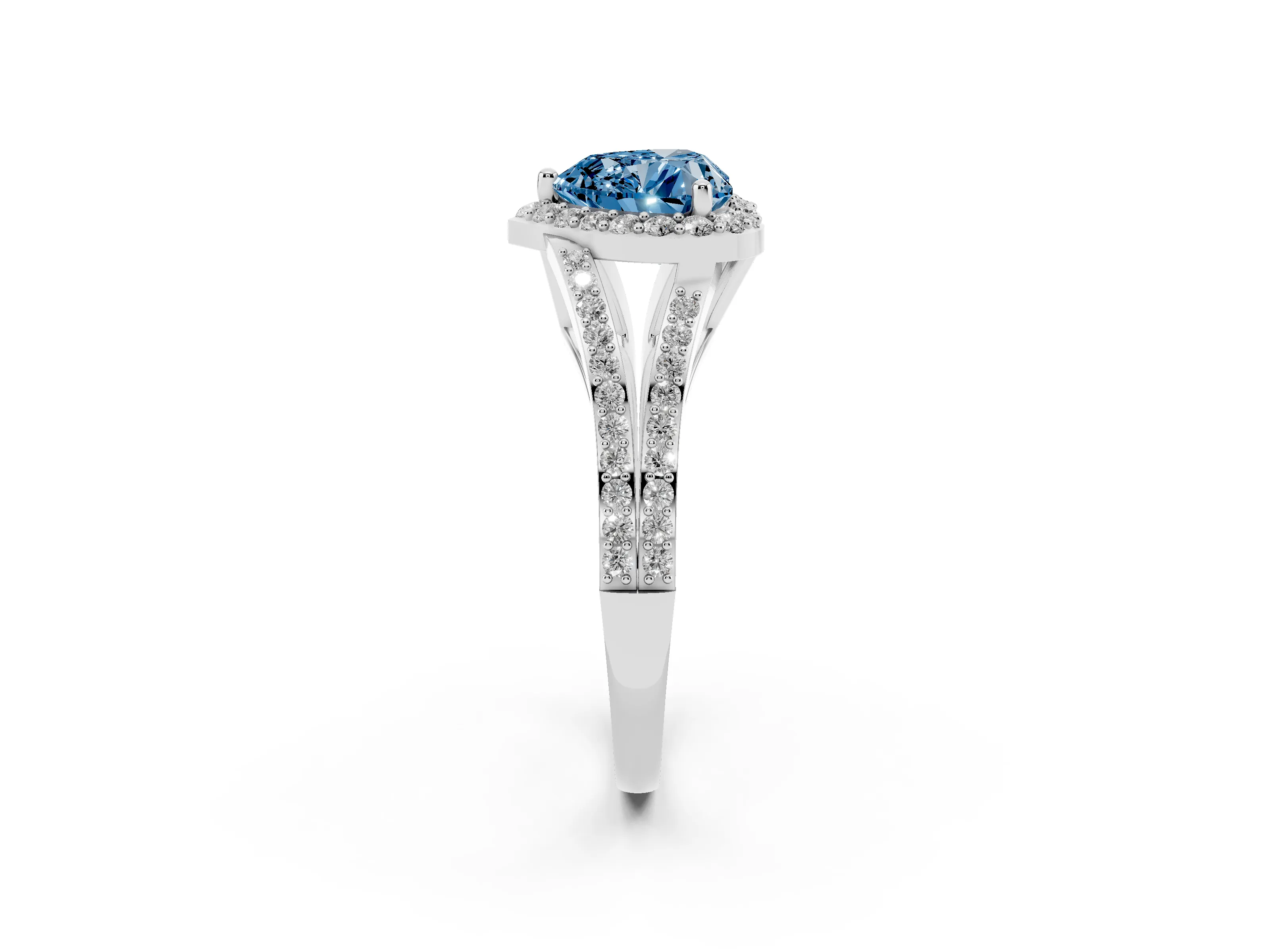 Fancy Blue Heart Cut Diamond Halo Split Shank Pavé Ring Set in White gold with Prong Setting