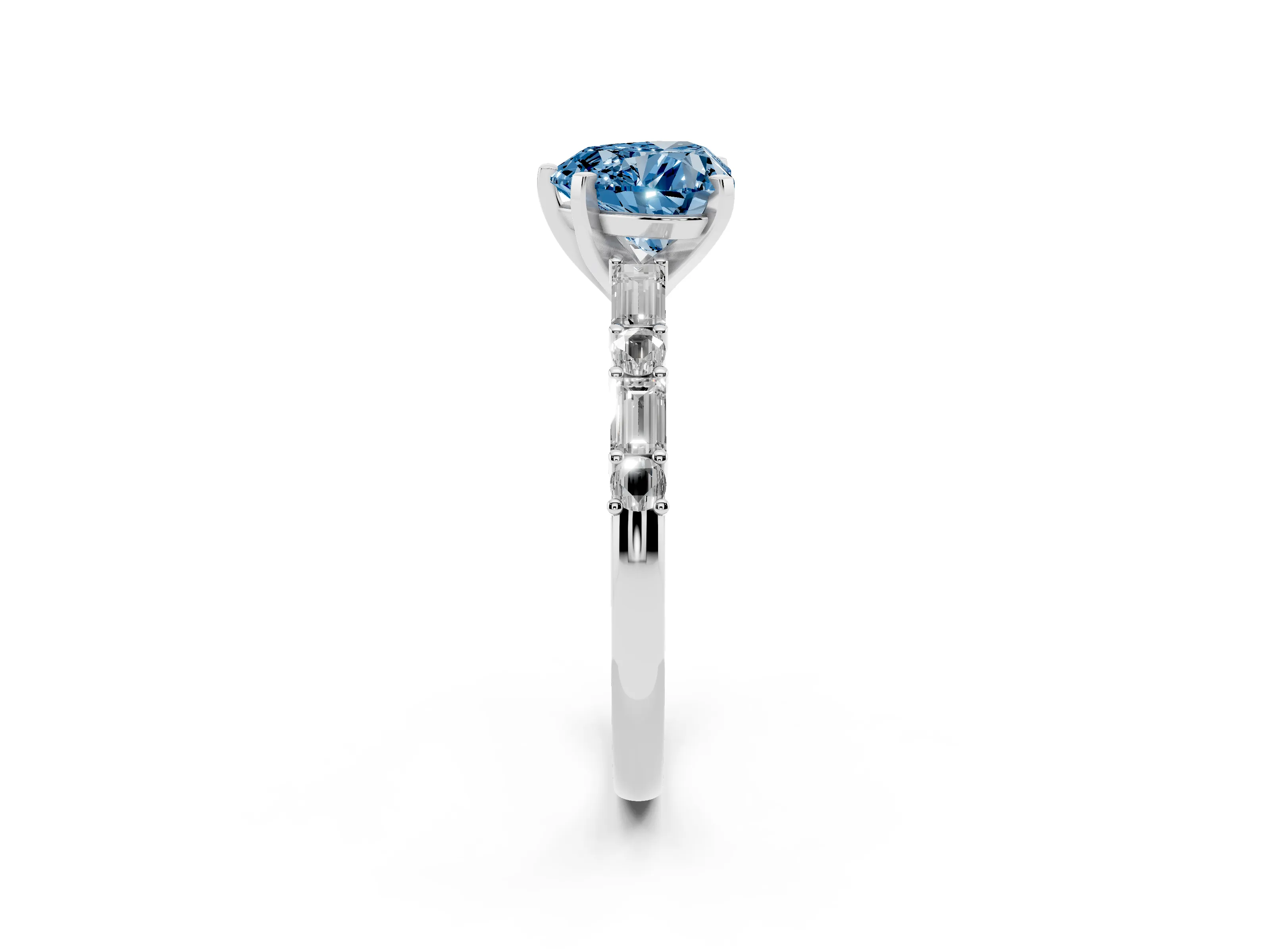 Fancy Blue Heart Cut Diamond Solitaire Set in Platinum with Side Baguettes and Channel Set Band