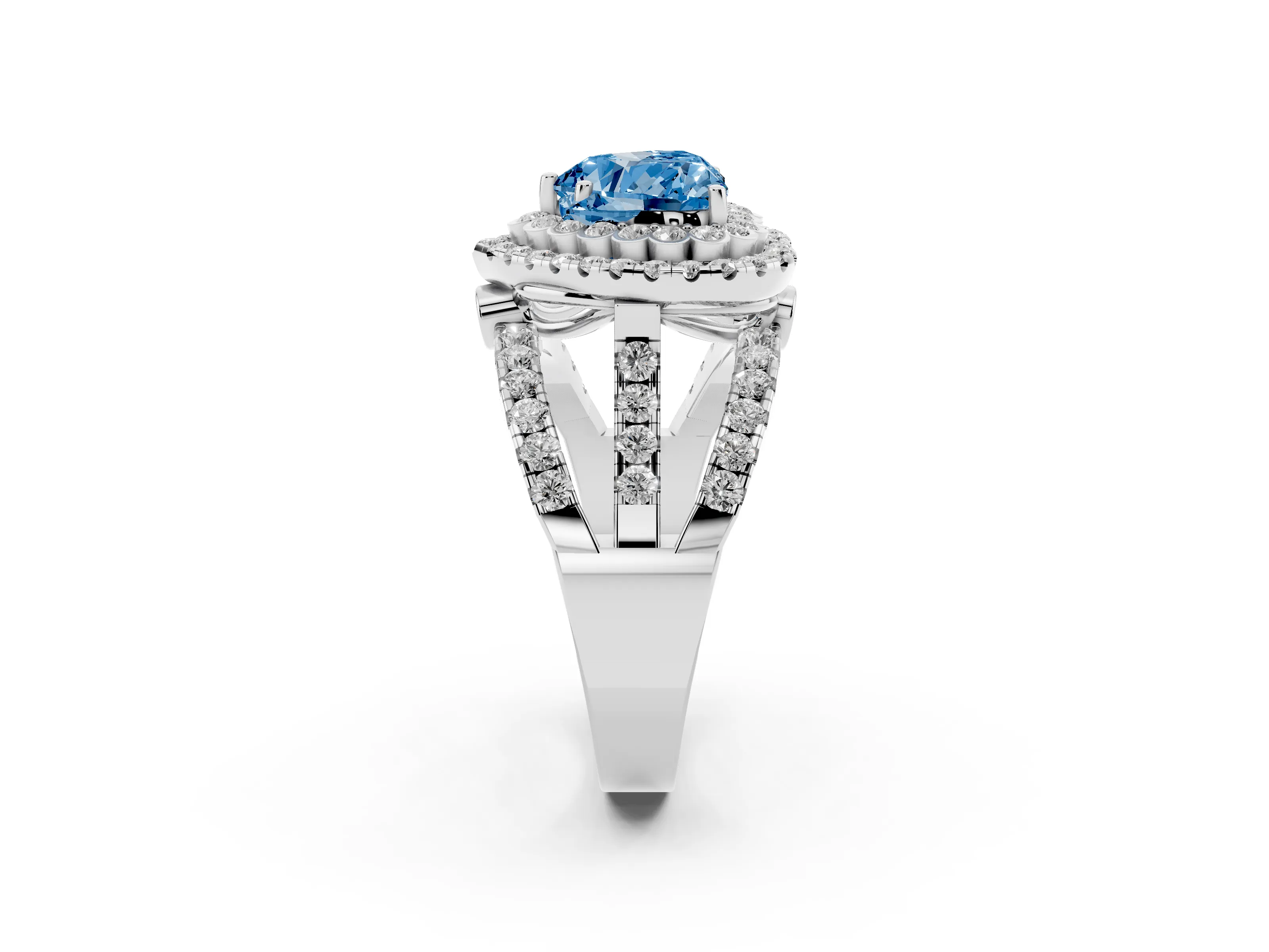Fancy Blue Heart Cut Diamond Double Halo Ring Set in Silver with Round Pavé Split Shank