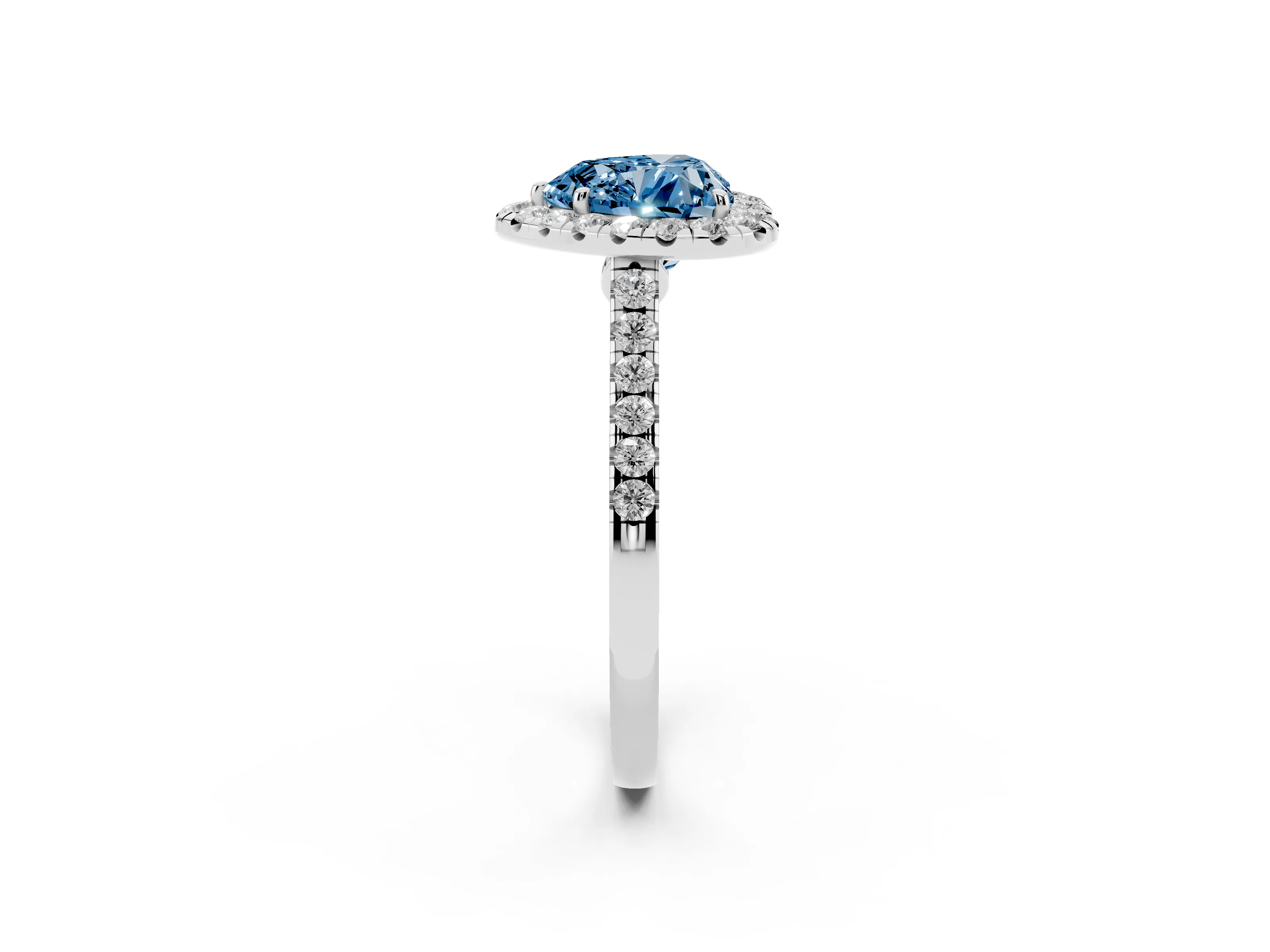 Fancy Blue Heart Cut Diamond Halo Pavé Engagement Ring Set in Platinum with Prong Setting
