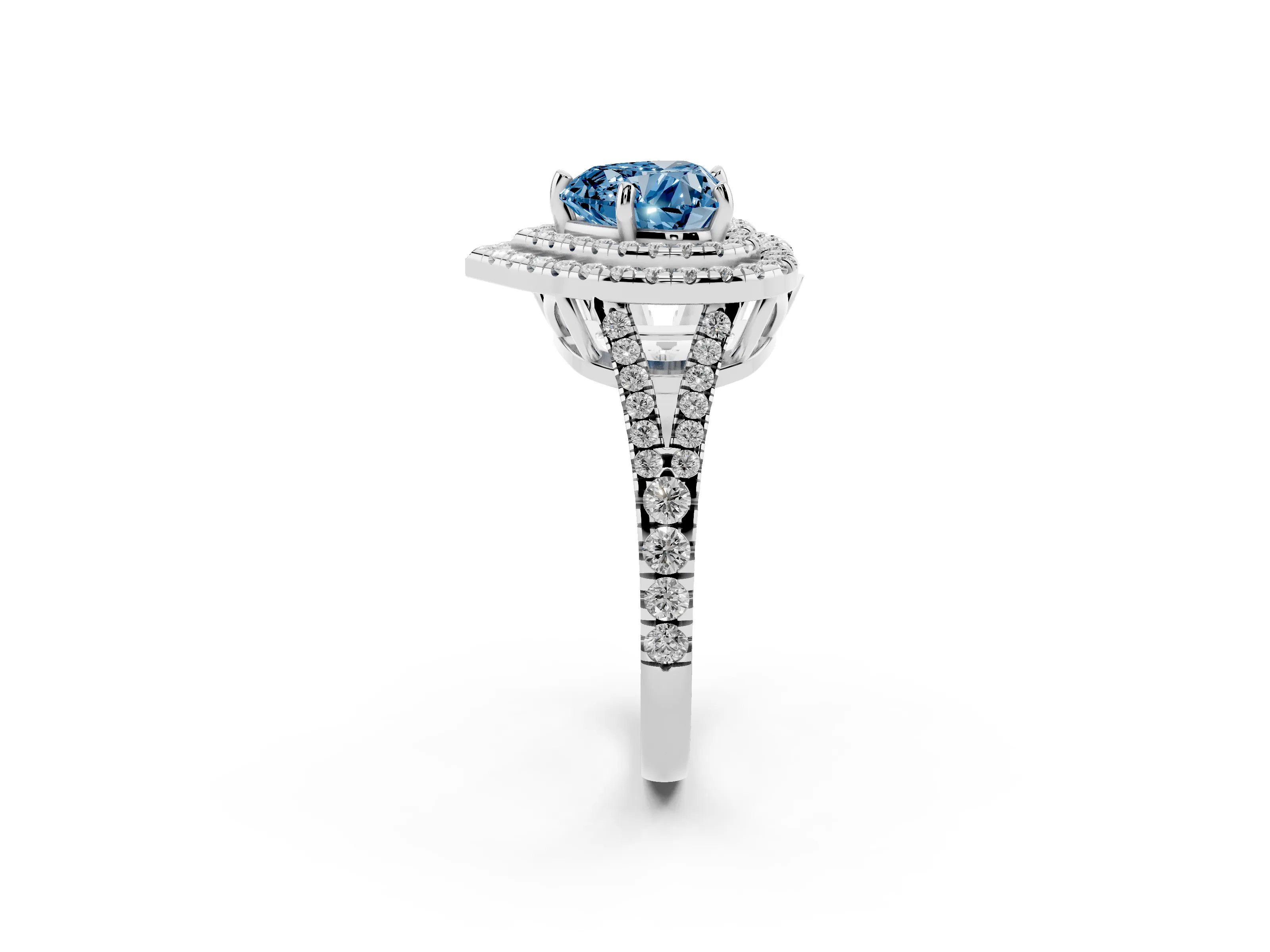 Fancy Blue Heart Cut Diamond Double Halo Ring Set in Silver with Pavé Band
