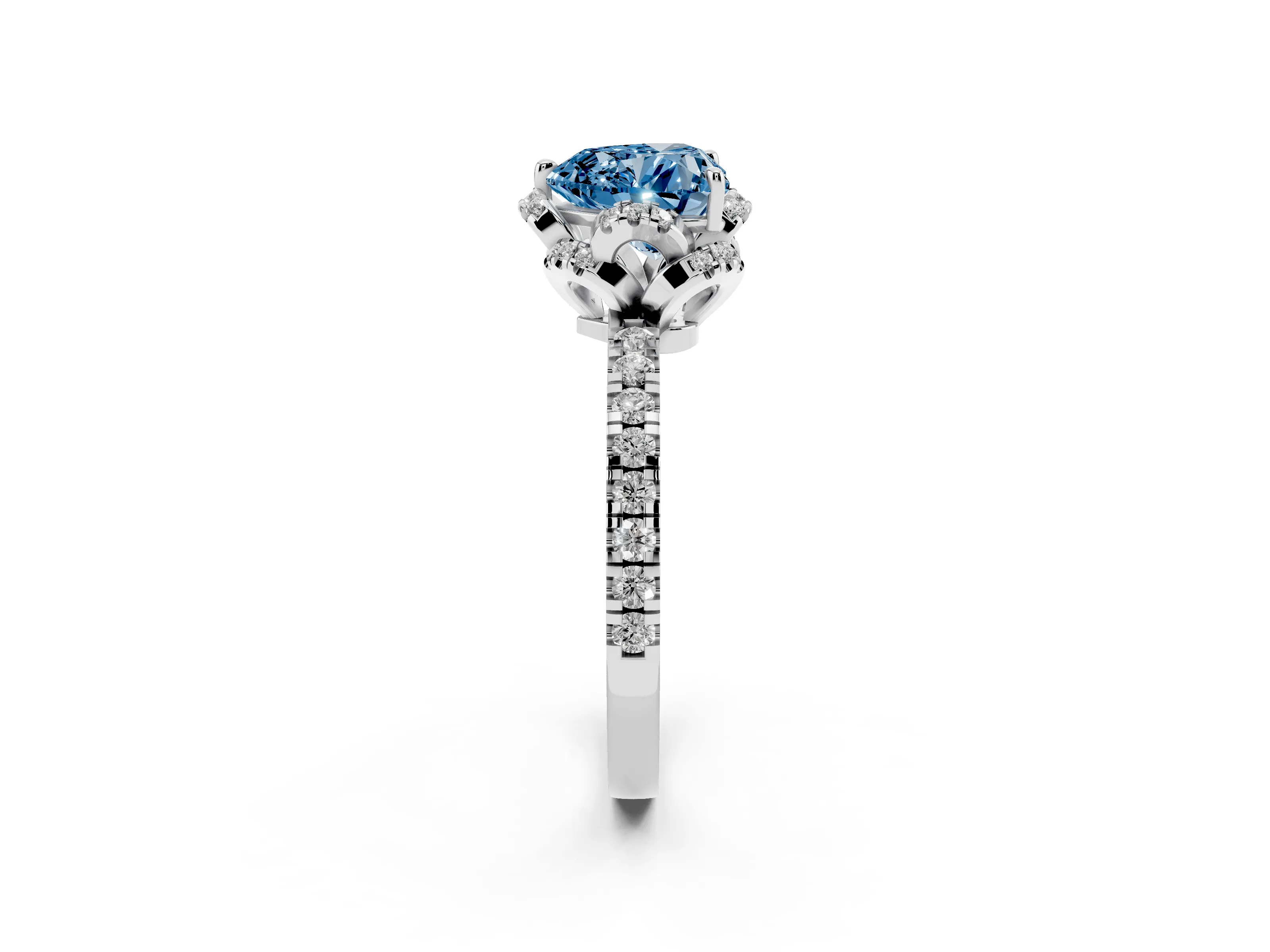 Fancy Blue Heart Cut Diamond Halo Pavé Band Ring Set in White gold with Prong-Held Center