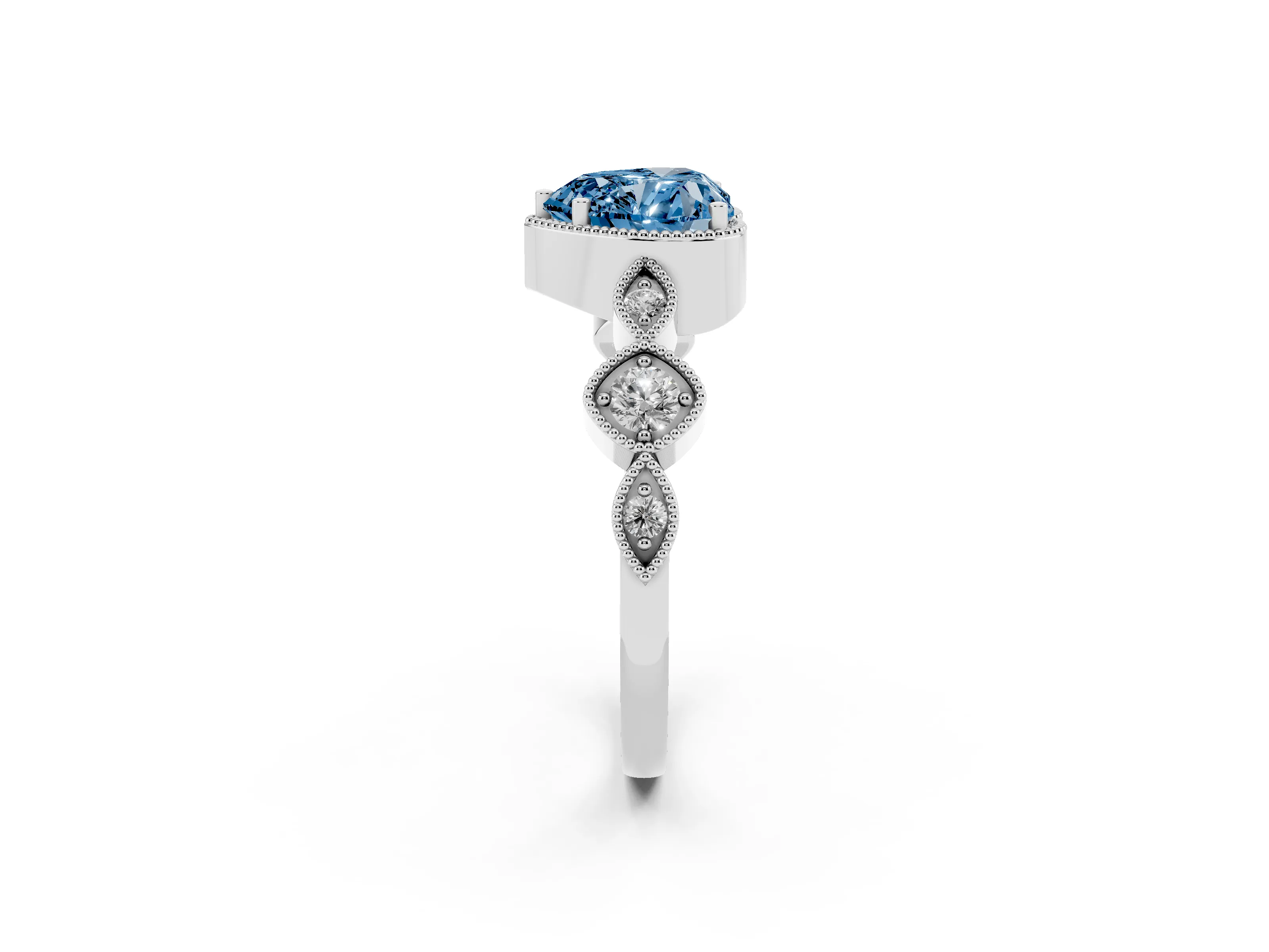 Fancy Blue Heart Cut Diamond Vintage-Inspired Milgrain Ring Set in White gold with Marquise Stations of Round Accents