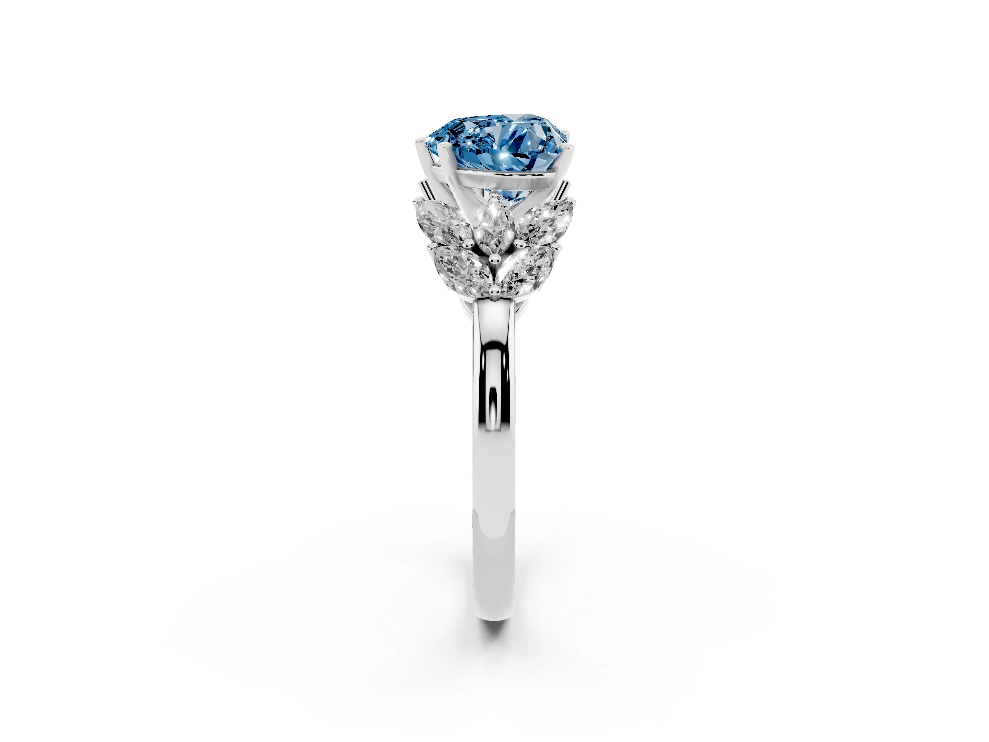 Fancy Blue Heart Cut Diamond Cluster Leaf Design Ring Set in Silver with Prong Setting