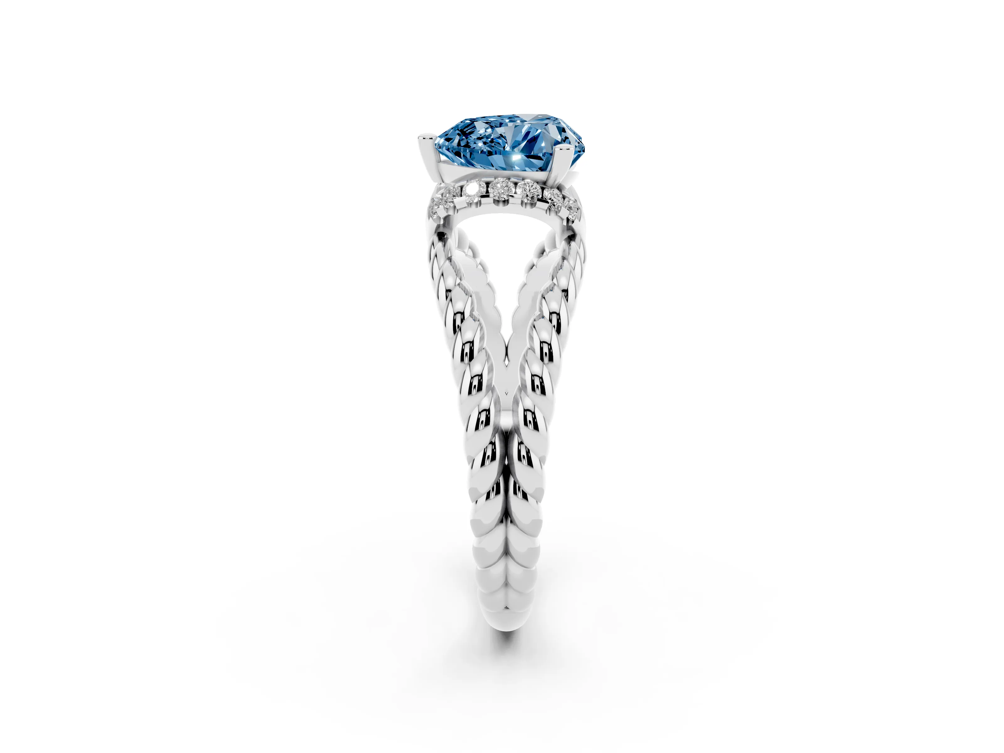 Fancy Blue Heart Cut Diamond Halo Ring Set in White gold with Twisted Band and Prong Setting